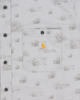 Vintage Carhartt Pale Grey Rugged Flex Camping Print Short Sleeve Pocket Shirt - XL