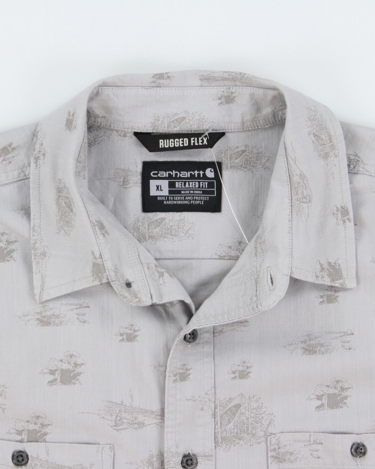Vintage Carhartt Pale Grey Rugged Flex Camping Print Short Sleeve Pocket Shirt - XL