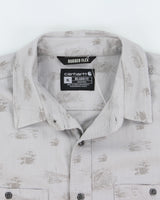 Vintage Carhartt Pale Grey Rugged Flex Camping Print Short Sleeve Pocket Shirt - XL