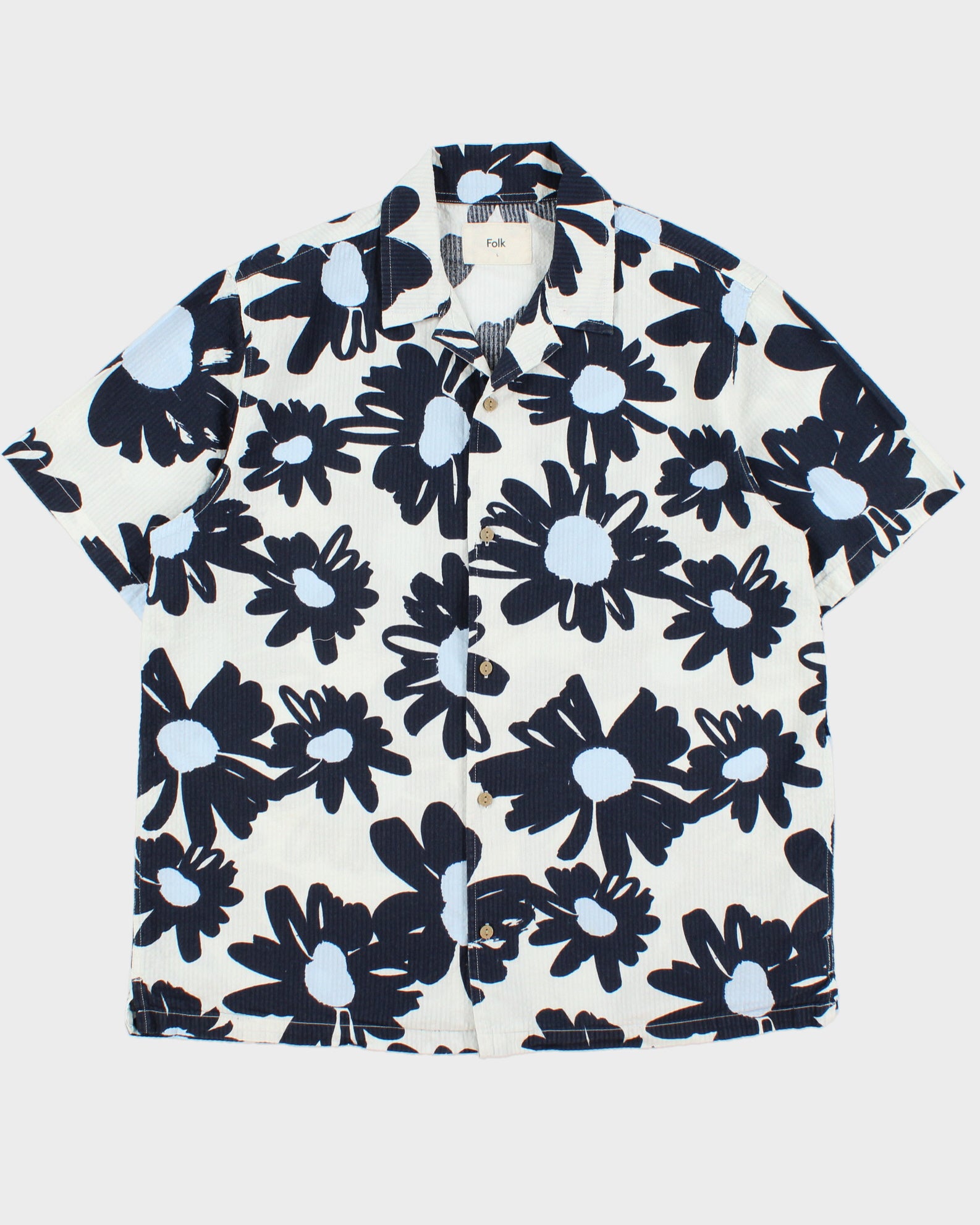 Folk Floral Striped Seersucker Short Sleeve Cuban Collar Shirt - L