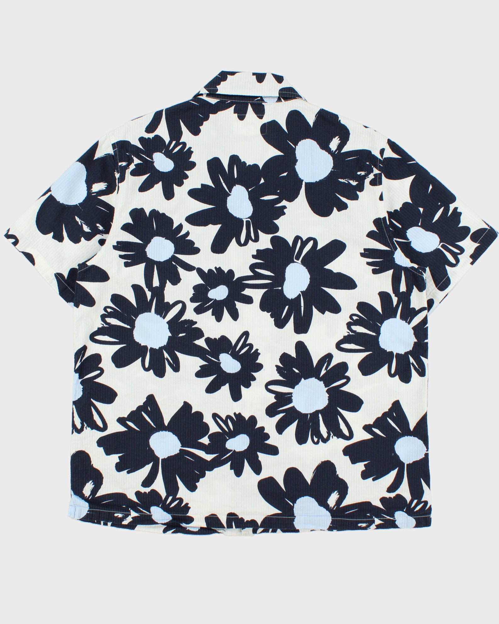 Folk Floral Striped Seersucker Short Sleeve Cuban Collar Shirt - L