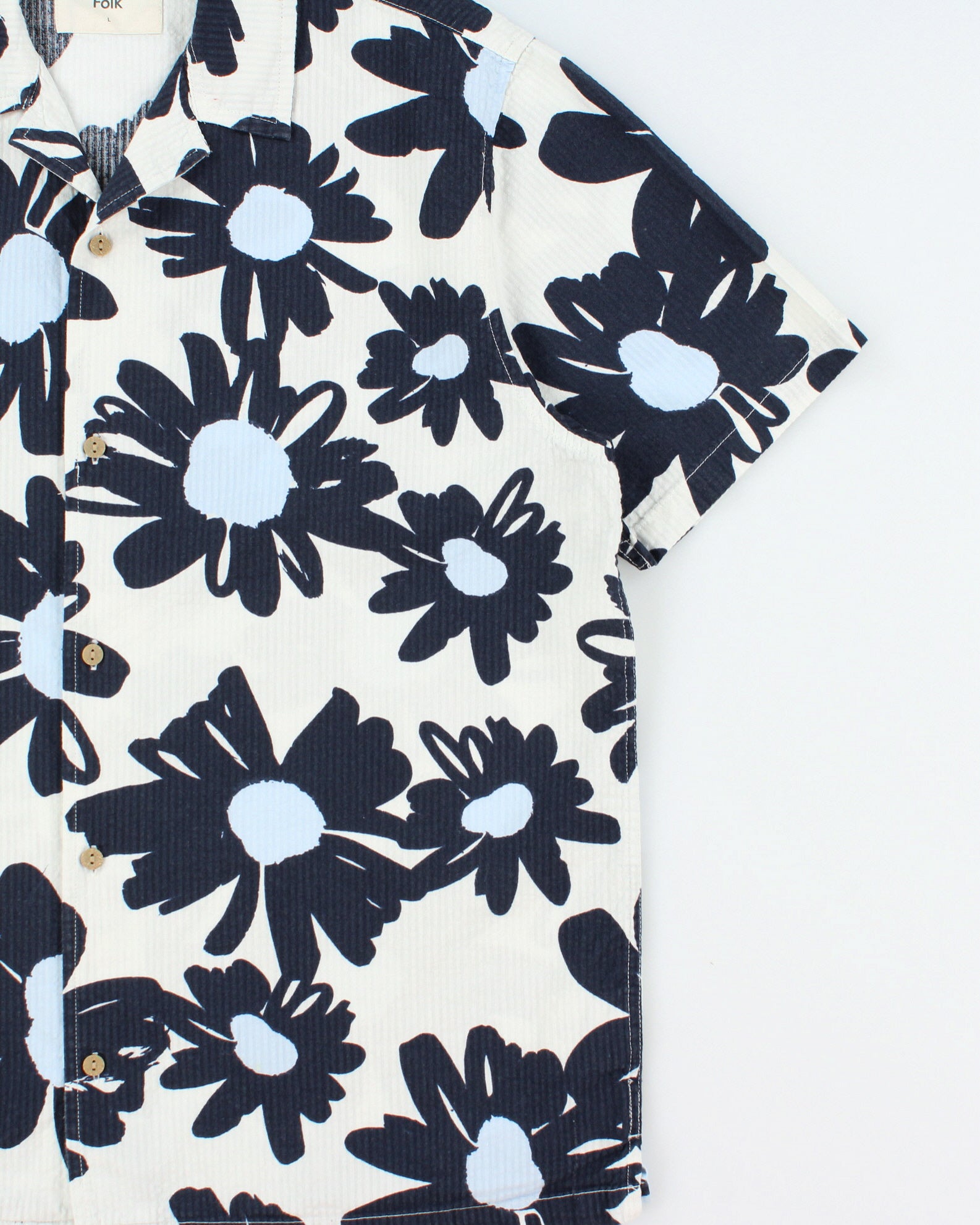 Folk Floral Striped Seersucker Short Sleeve Cuban Collar Shirt - L