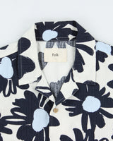 Folk Floral Striped Seersucker Short Sleeve Cuban Collar Shirt - L