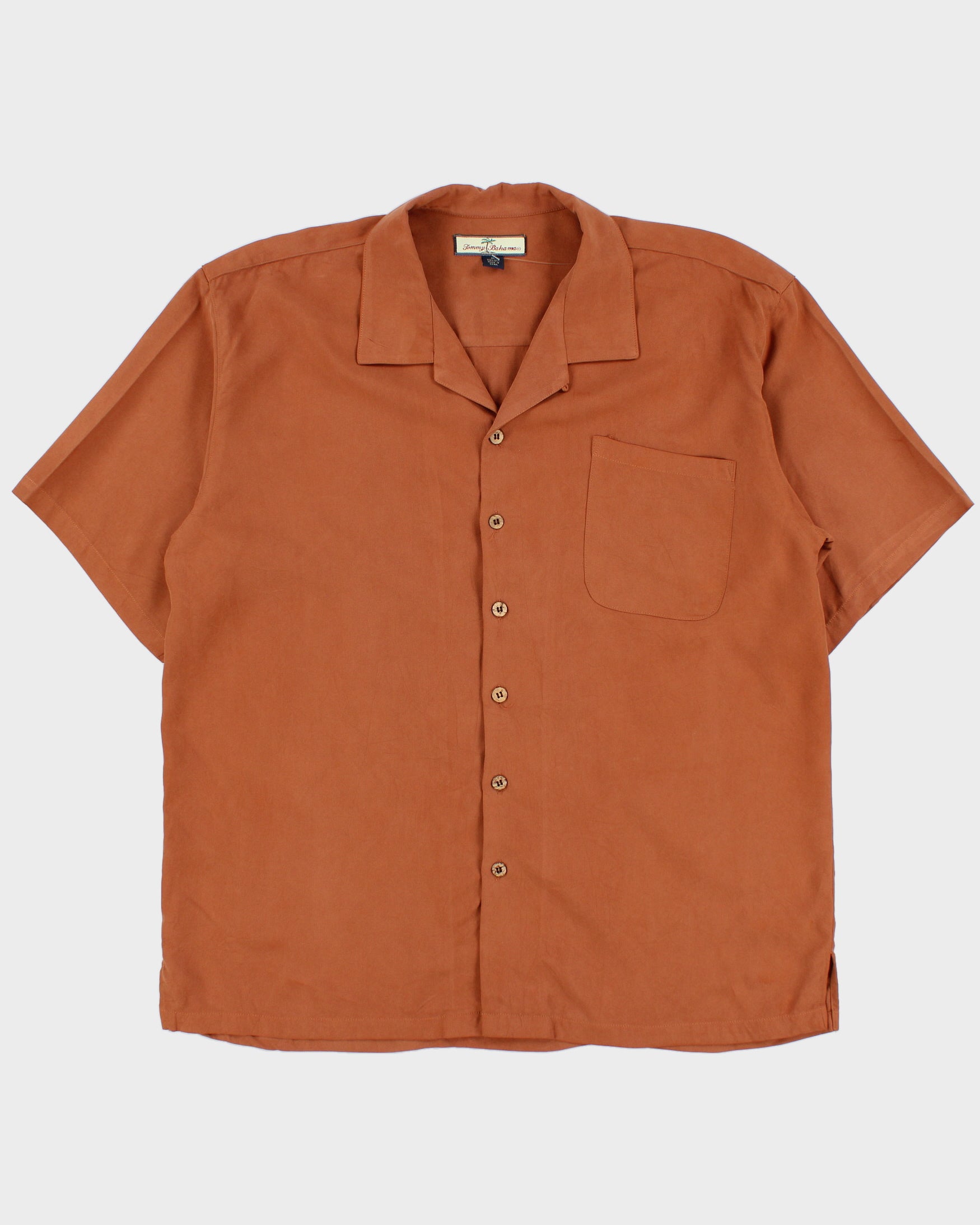 Vintage Y2K 00s Tommy Bahama Clay Brown Silk Embroidered Cafe Paradise Hawaiian Shirt - XL