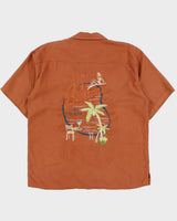 Vintage Y2K 00s Tommy Bahama Clay Brown Silk Embroidered Cafe Paradise Hawaiian Shirt - XL
