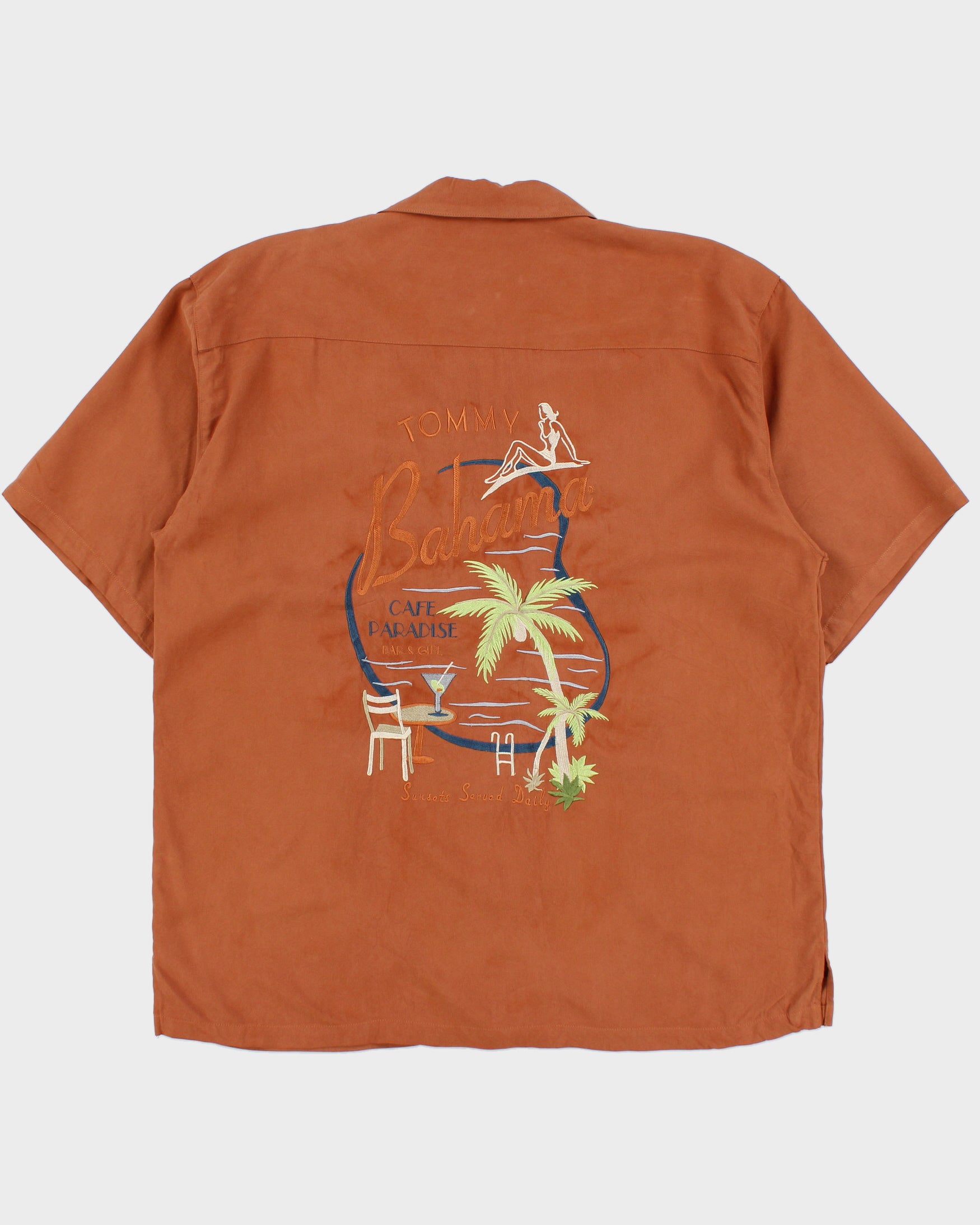 Vintage Y2K 00s Tommy Bahama Clay Brown Silk Embroidered Cafe Paradise Hawaiian Shirt - XL