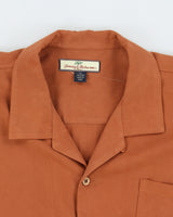 Vintage Y2K 00s Tommy Bahama Clay Brown Silk Embroidered Cafe Paradise Hawaiian Shirt - XL