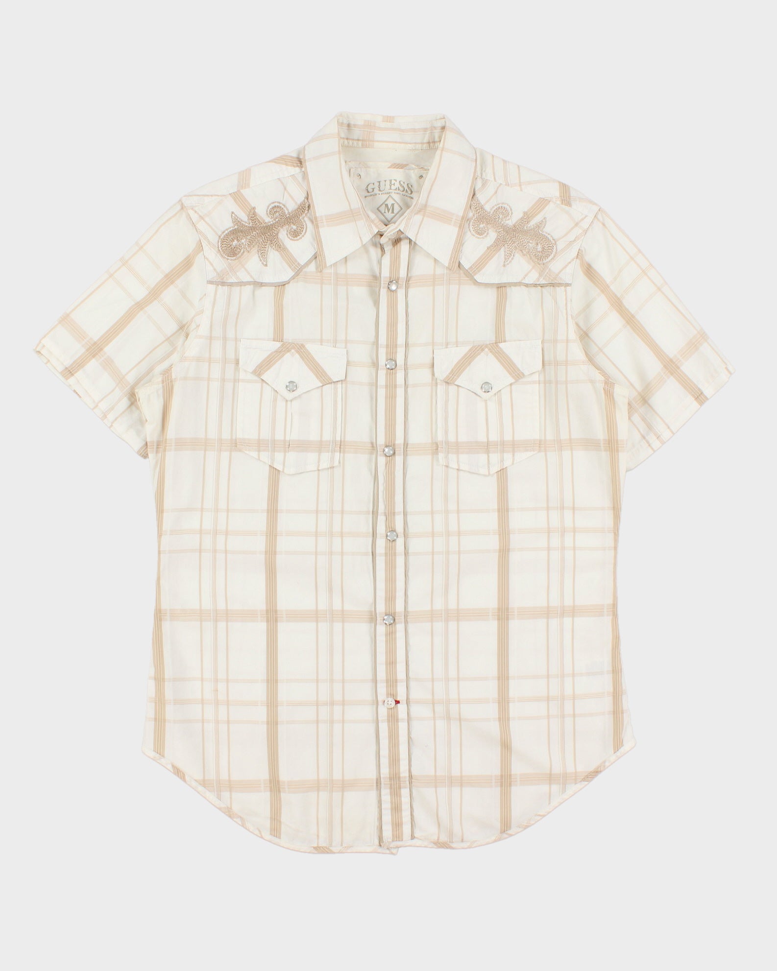 Vintage Y2K 00s Guess Plaid Embroidered Pearl Snap Button Short Sleeve Western Shirt - M