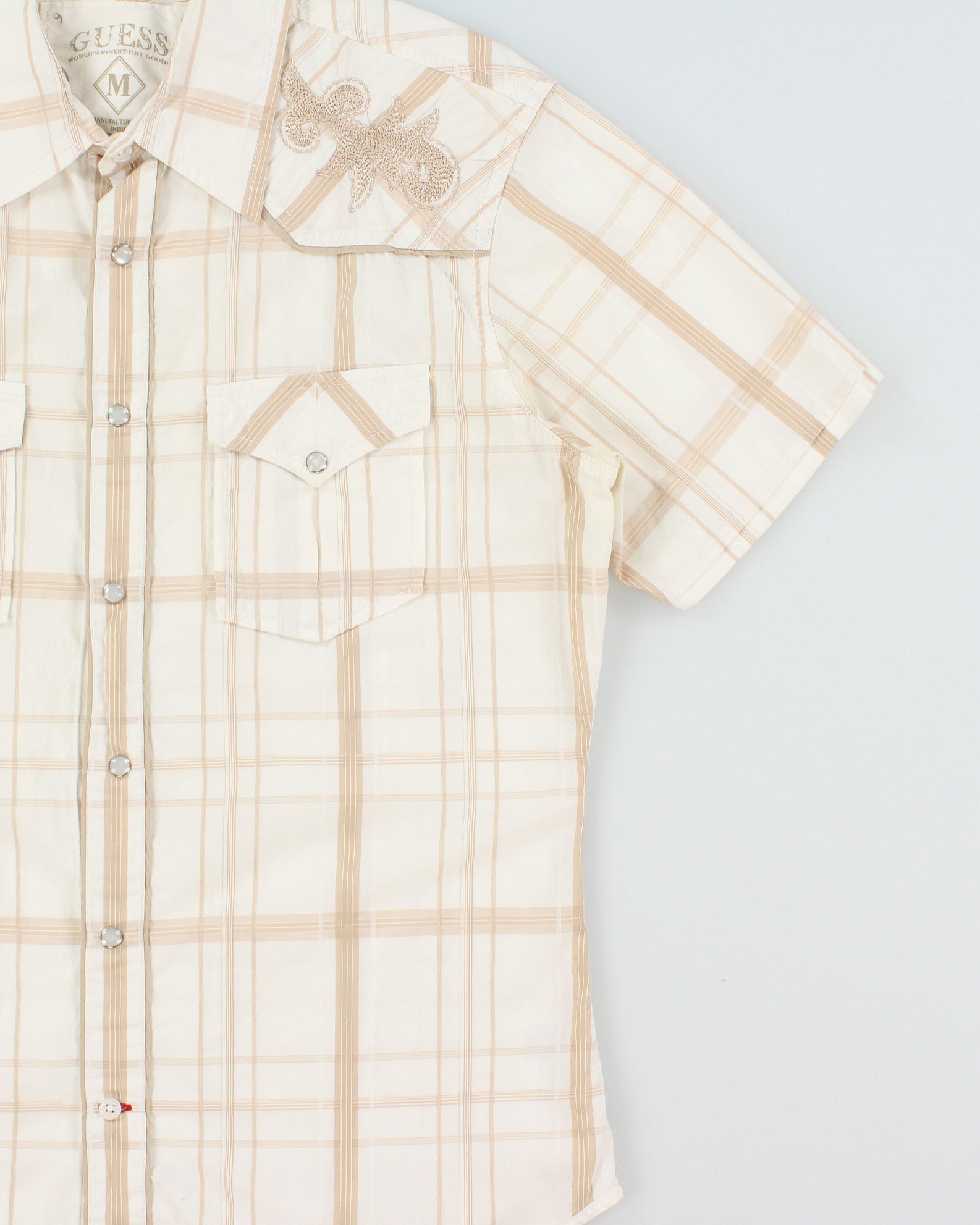 Vintage Y2K 00s Guess Plaid Embroidered Pearl Snap Button Short Sleeve Western Shirt - M