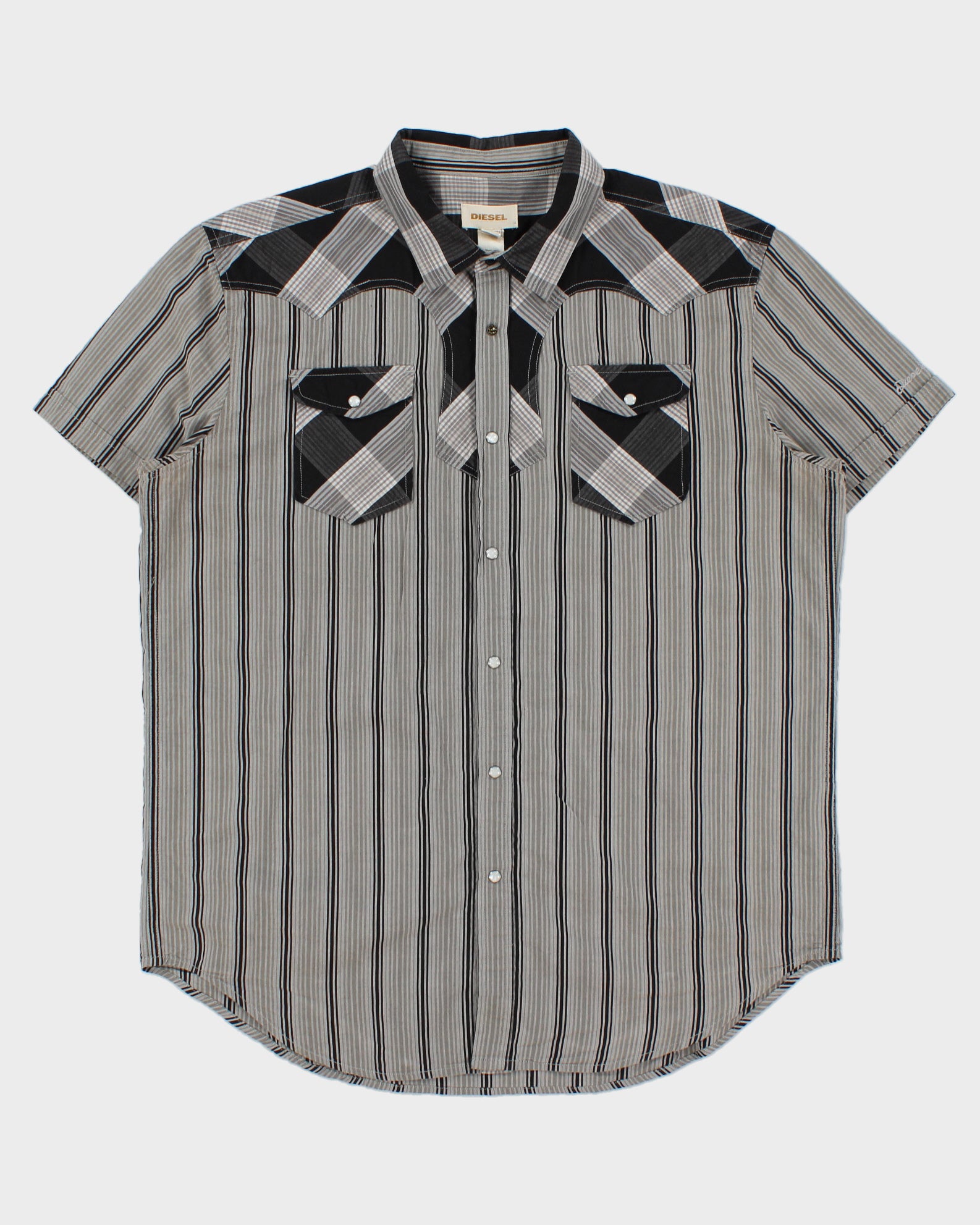 Vintage Diesel Striped Plaid Patch Pearl Snap Button Short Sleeve Western Shirt - XXL