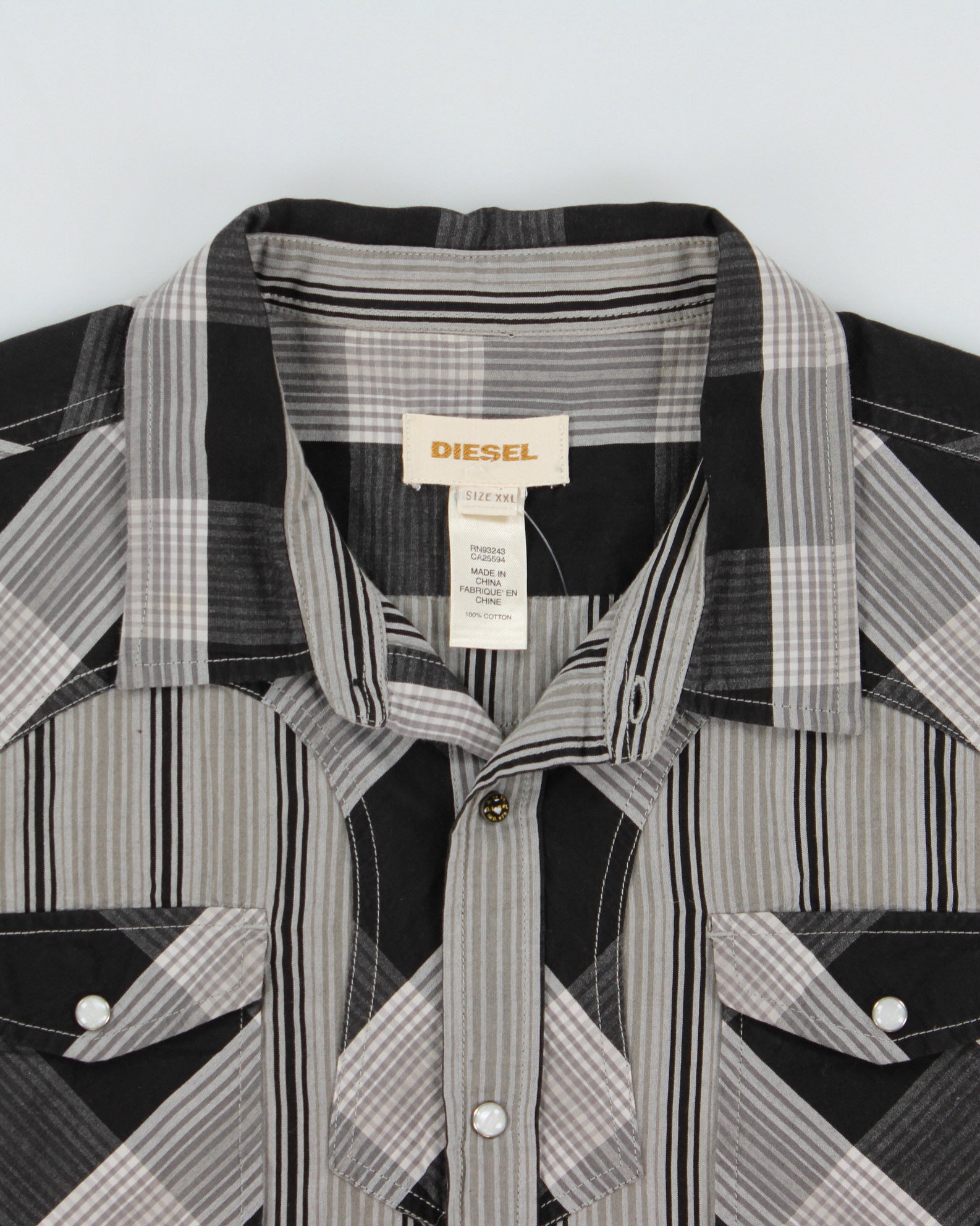 Vintage Diesel Striped Plaid Patch Pearl Snap Button Short Sleeve Western Shirt - XXL