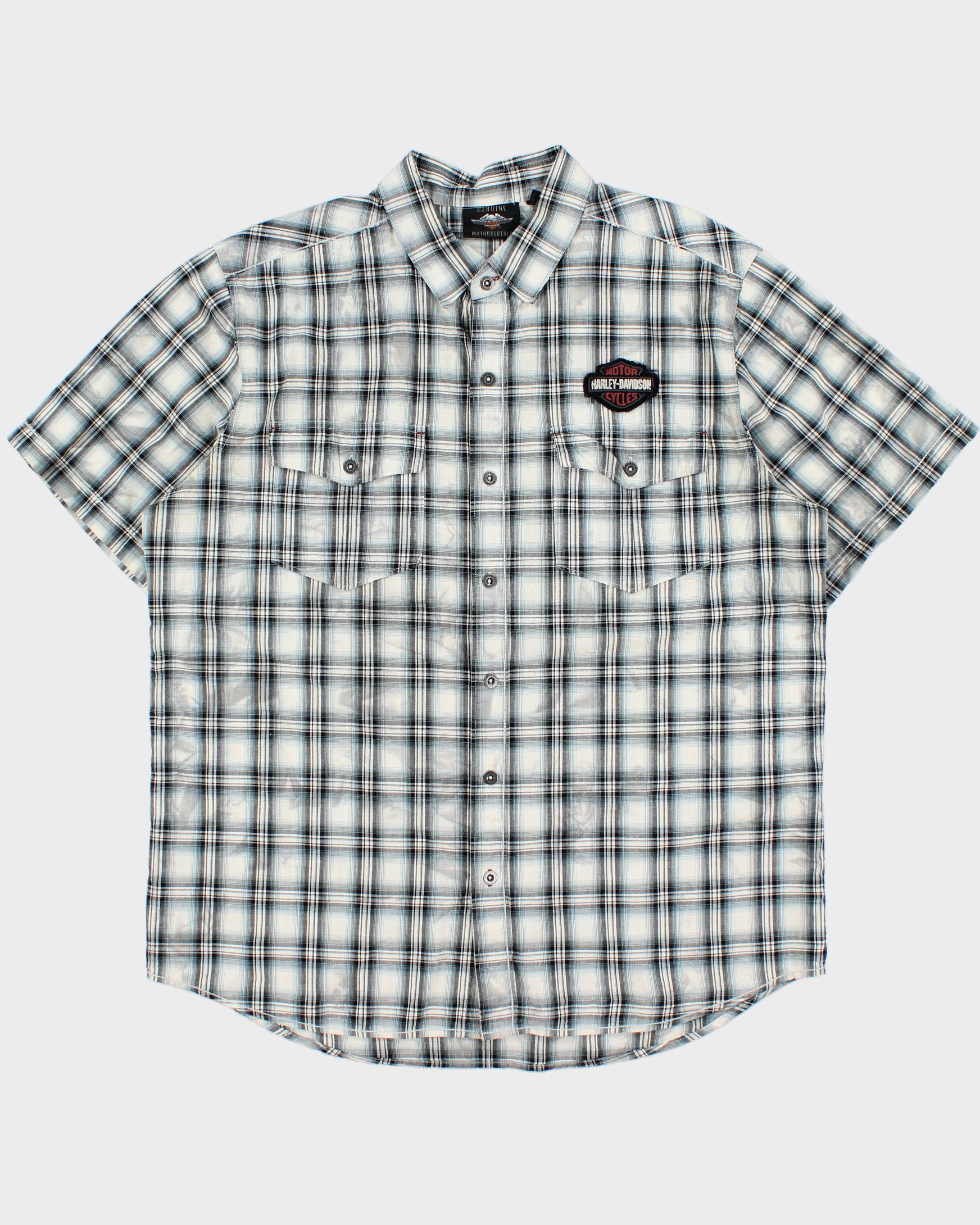 Vintage Harley Davidson Smokey Plaid Patch Embroidered Short Sleeve Biker Shirt - XL