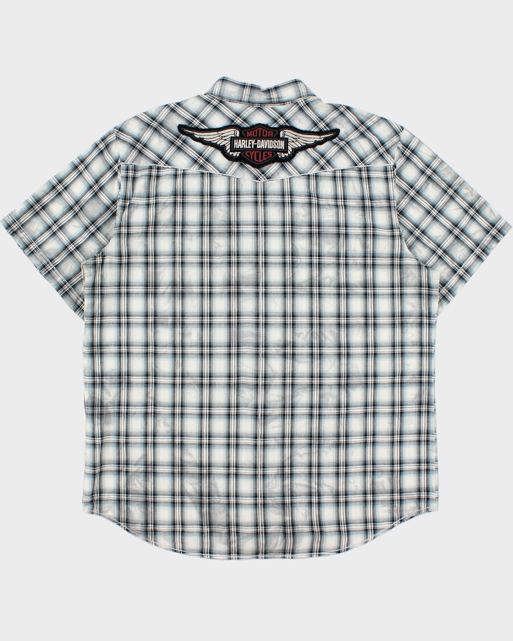 Vintage Harley Davidson Smokey Plaid Patch Embroidered Short Sleeve Biker Shirt - XL