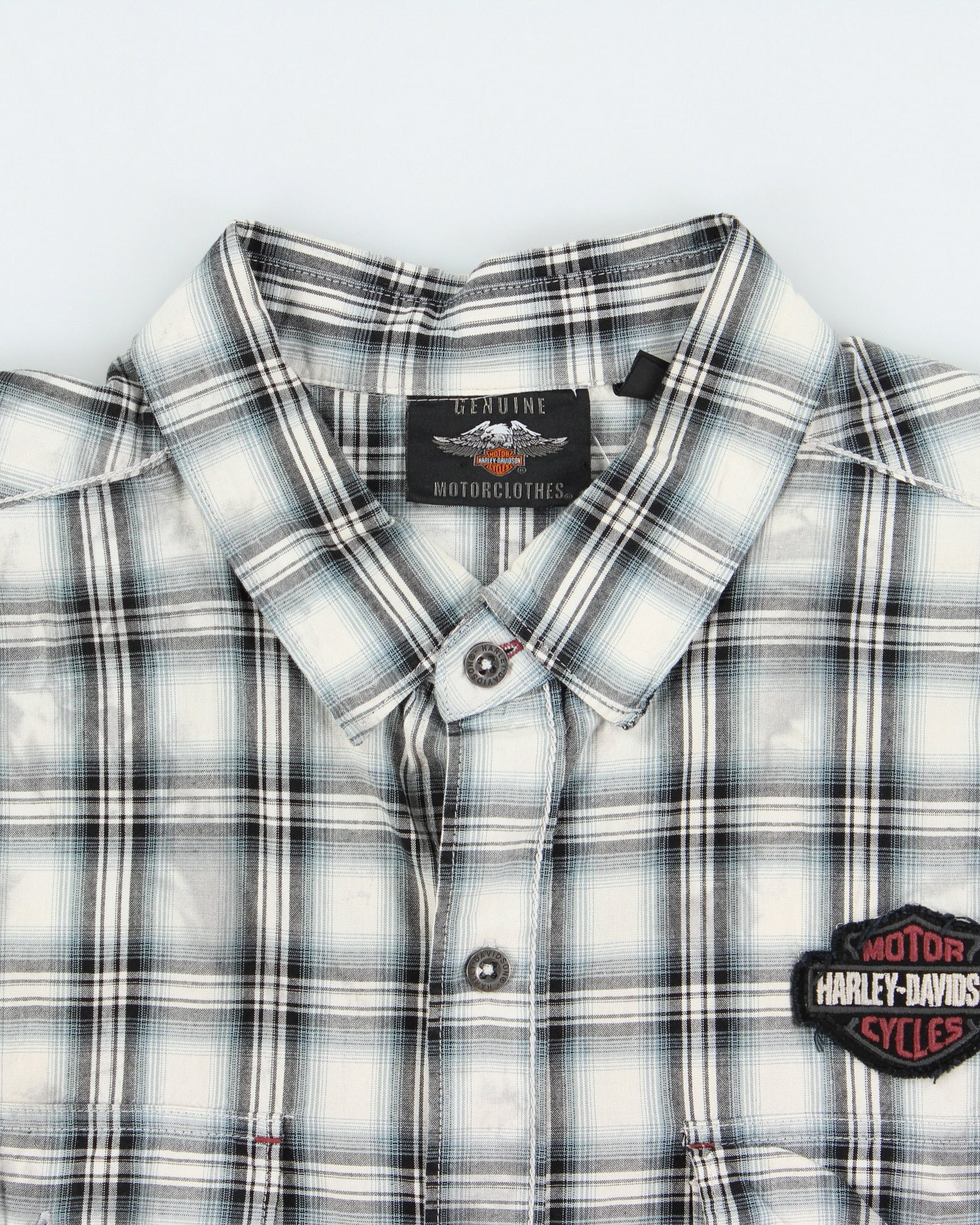 Vintage Harley Davidson Smokey Plaid Patch Embroidered Short Sleeve Biker Shirt - XL
