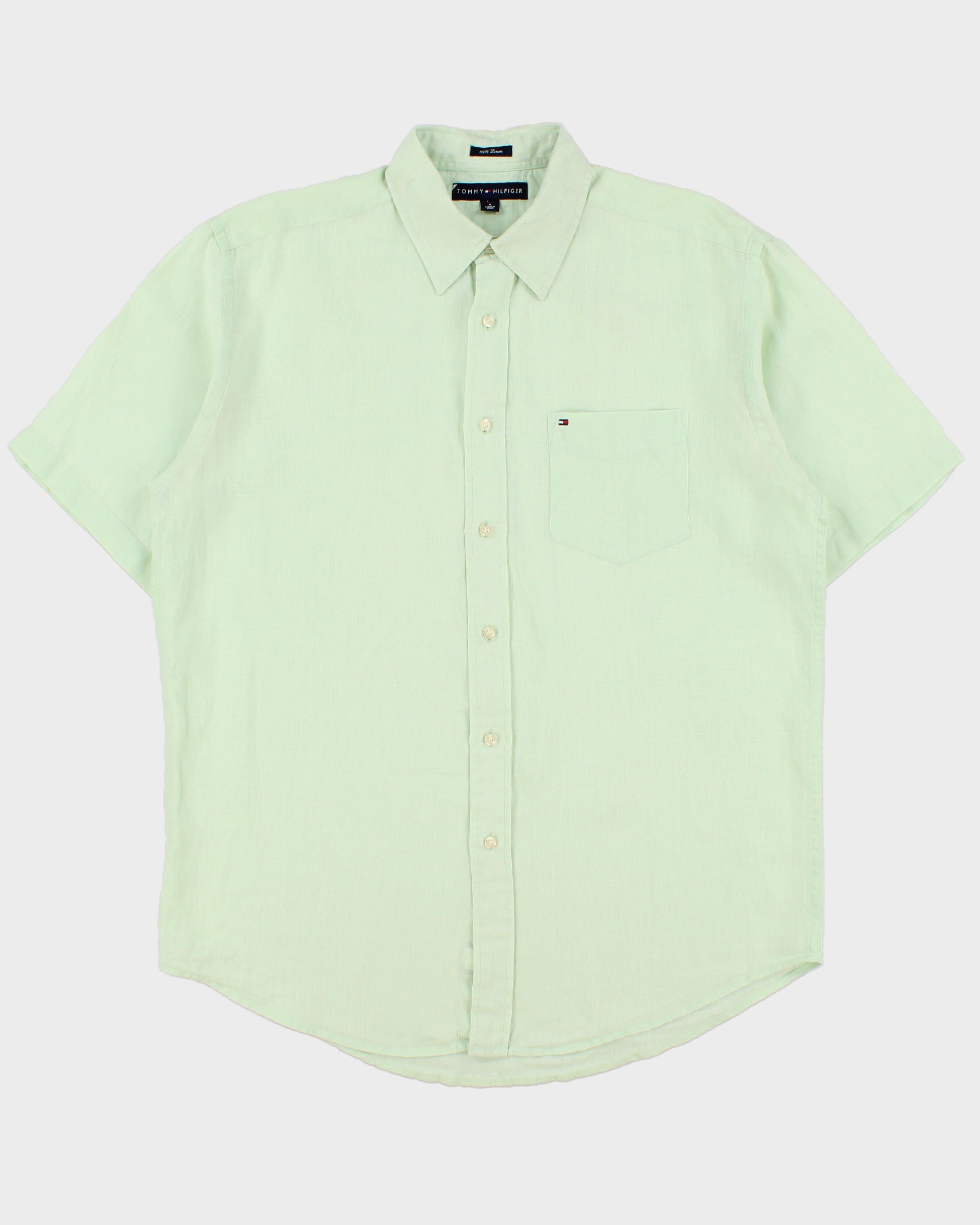 Vintage Tommy Hilfiger Mint Green Ocean Washed Linen Relaxed Fit Short Sleeve Shirt - M