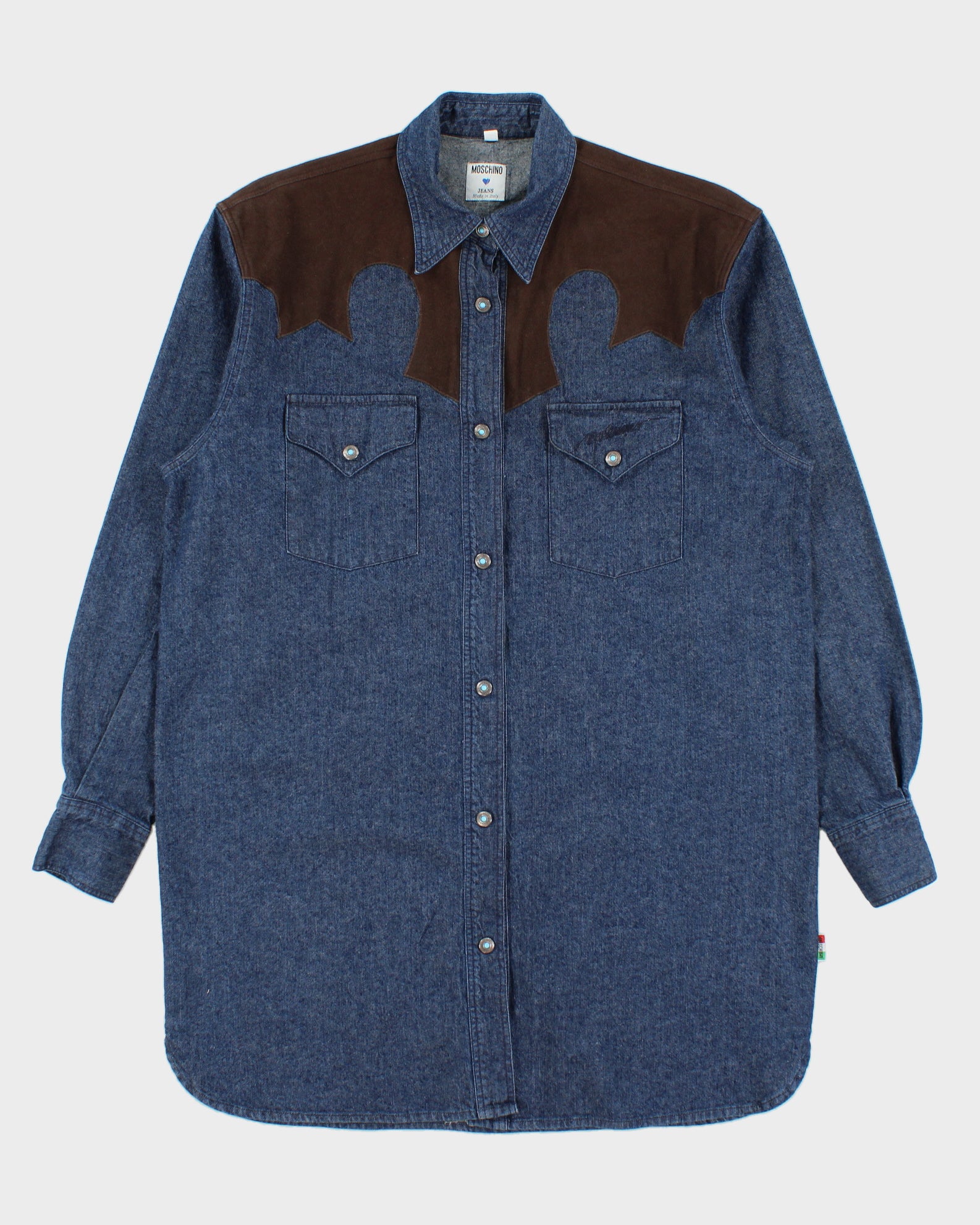 Vintage 1990s Moschino Jeans Raw Denim Turquoise Snap Button Long Sleeve Western Shirt - S