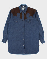 Vintage 1990s Moschino Jeans Raw Denim Turquoise Snap Button Long Sleeve Western Shirt - S