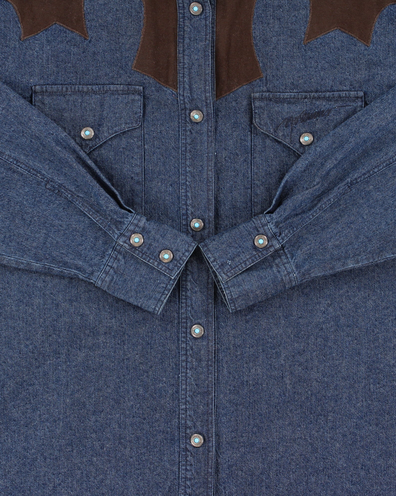 Vintage 1990s Moschino Jeans Raw Denim Turquoise Snap Button Long Sleeve Western Shirt - S