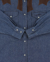 Vintage 1990s Moschino Jeans Raw Denim Turquoise Snap Button Long Sleeve Western Shirt - S