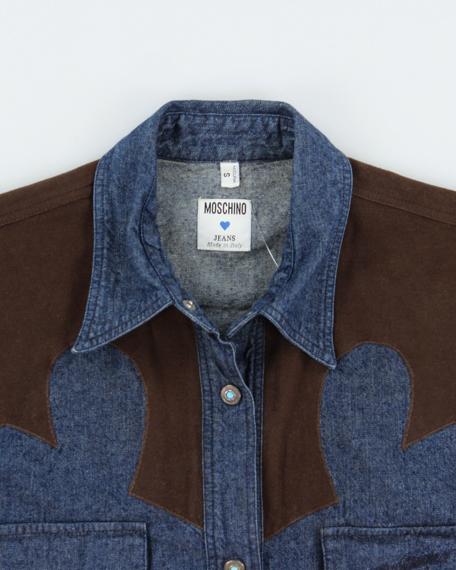 Vintage 1990s Moschino Jeans Raw Denim Turquoise Snap Button Long Sleeve Western Shirt - S
