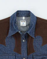 Vintage 1990s Moschino Jeans Raw Denim Turquoise Snap Button Long Sleeve Western Shirt - S