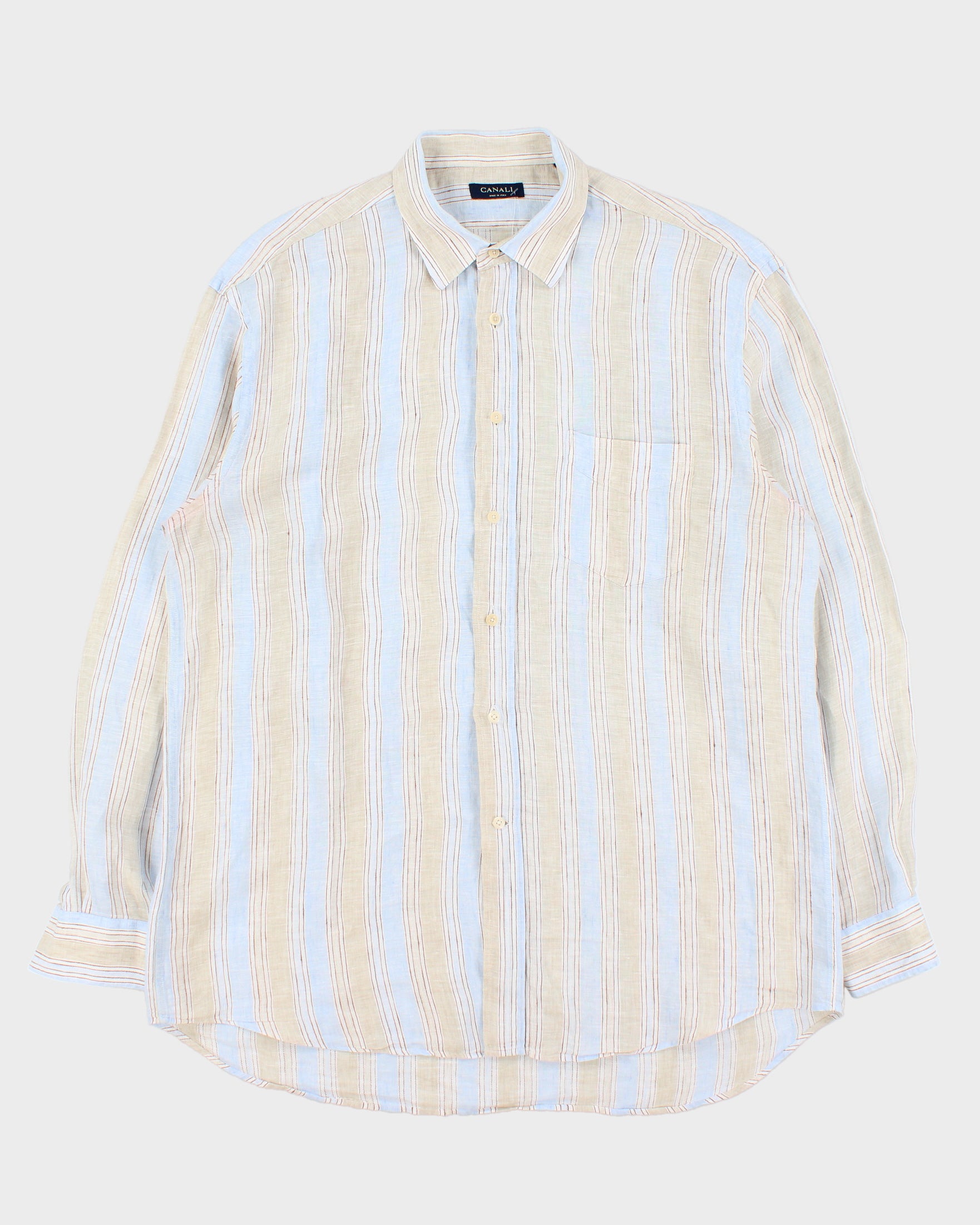 Vintage Y2K 00s Canali Striped Ocean Wash Linen Relaxed Fit Long Sleeve Shirt - XXL