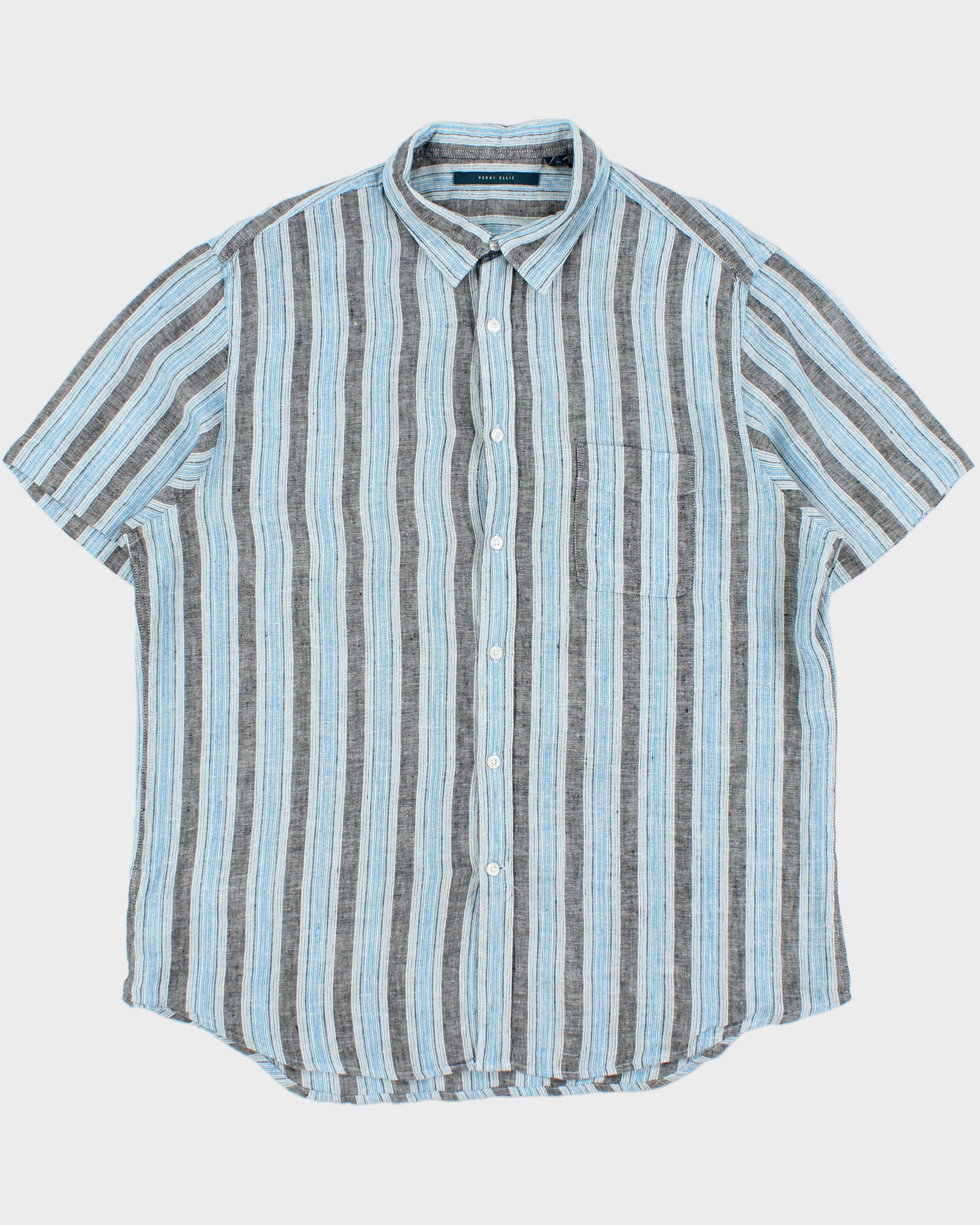 Vintage Perry Ellis Striped Linen Relaxed Fit Short Sleeve Shirt - XL