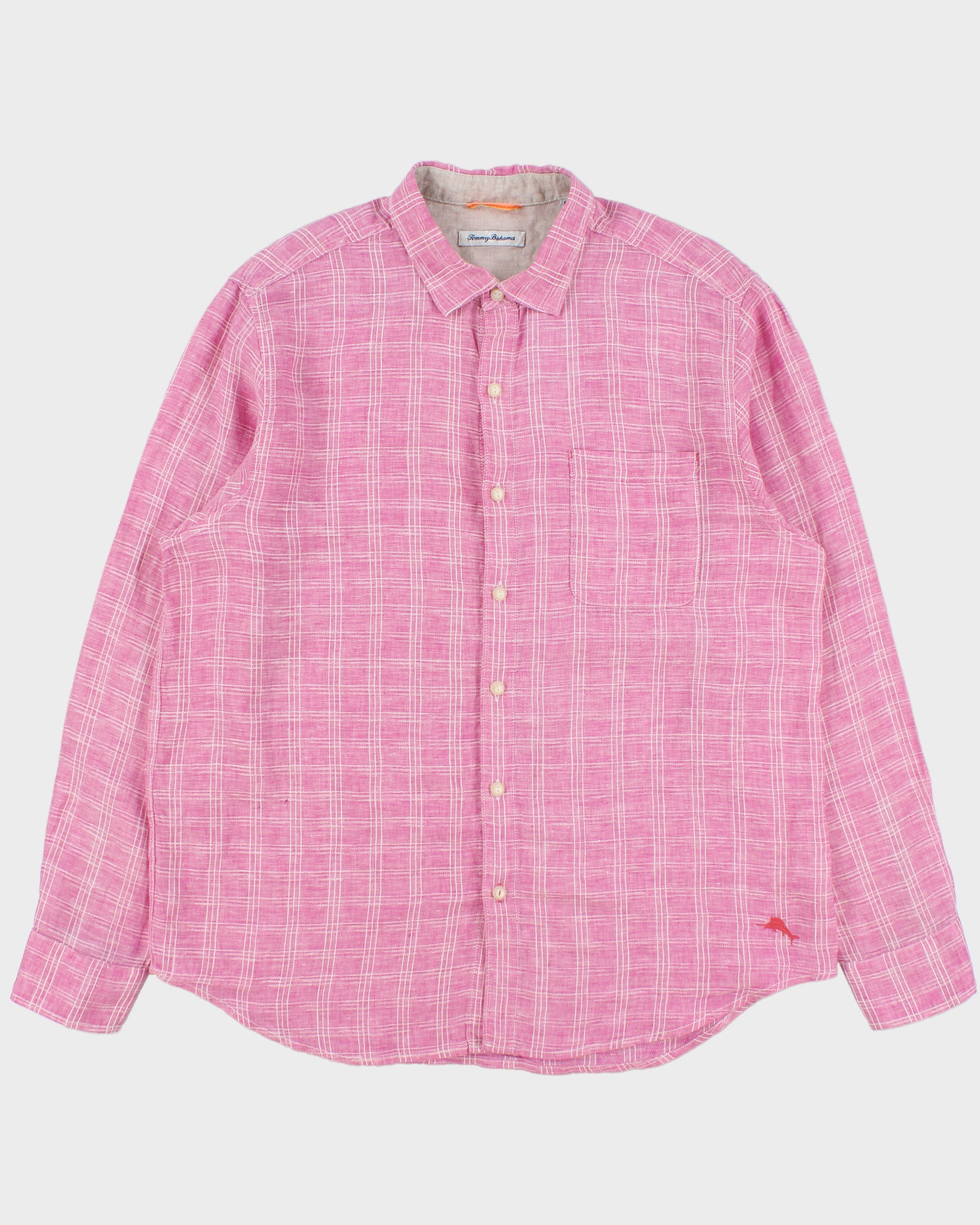Vintage Tommy Bahama Hot Pink Check Ocean Wash Linen Relaxed Fit Long Sleeve Shirt - XL