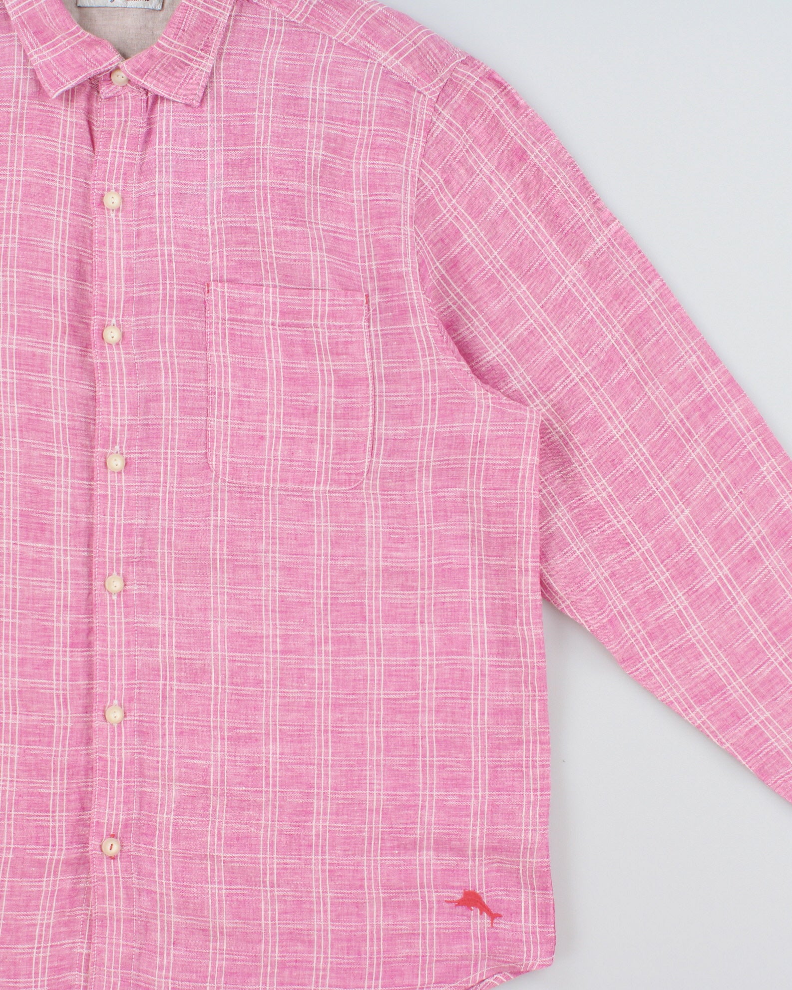 Vintage Tommy Bahama Hot Pink Check Ocean Wash Linen Relaxed Fit Long Sleeve Shirt - XL