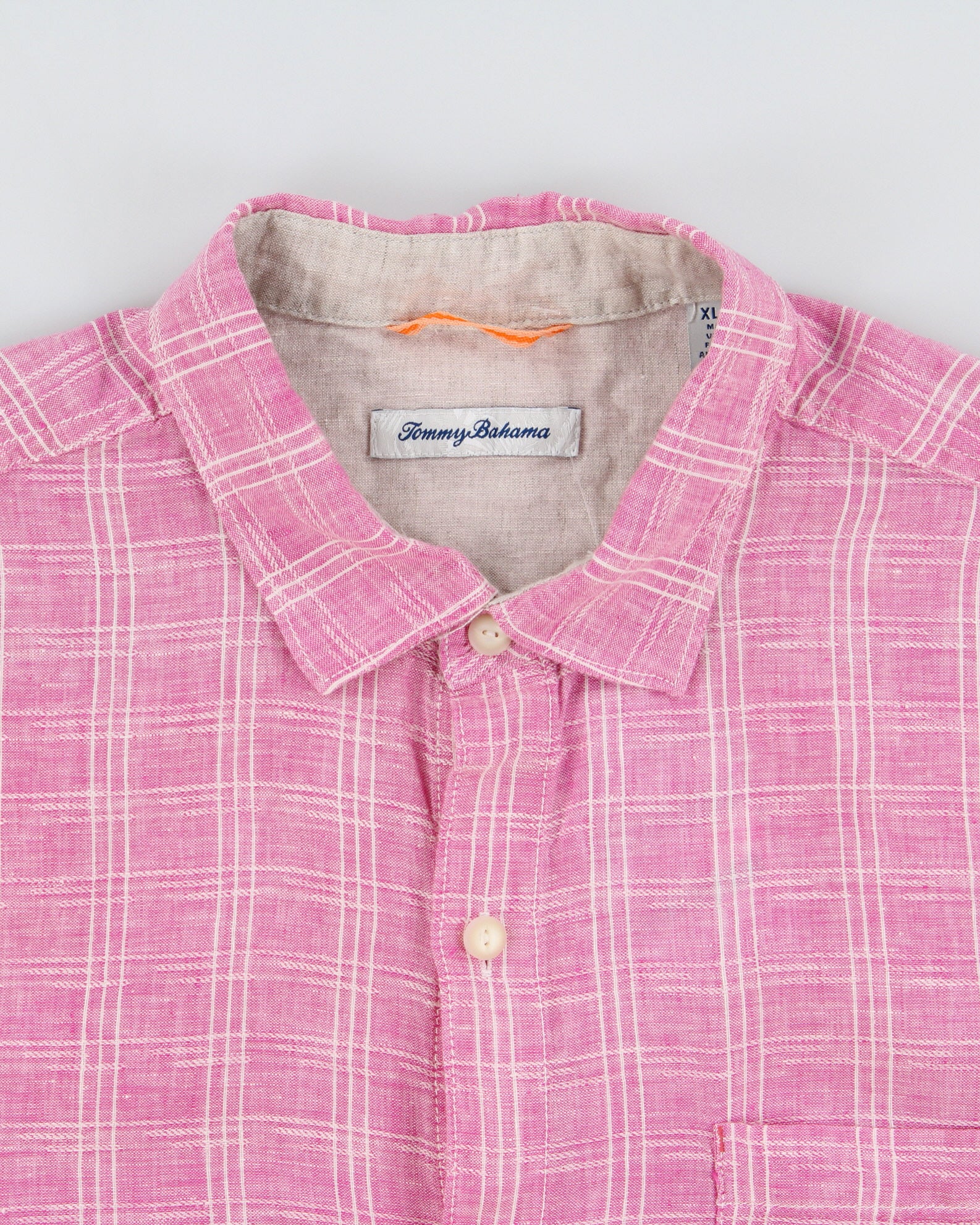 Vintage Tommy Bahama Hot Pink Check Ocean Wash Linen Relaxed Fit Long Sleeve Shirt - XL