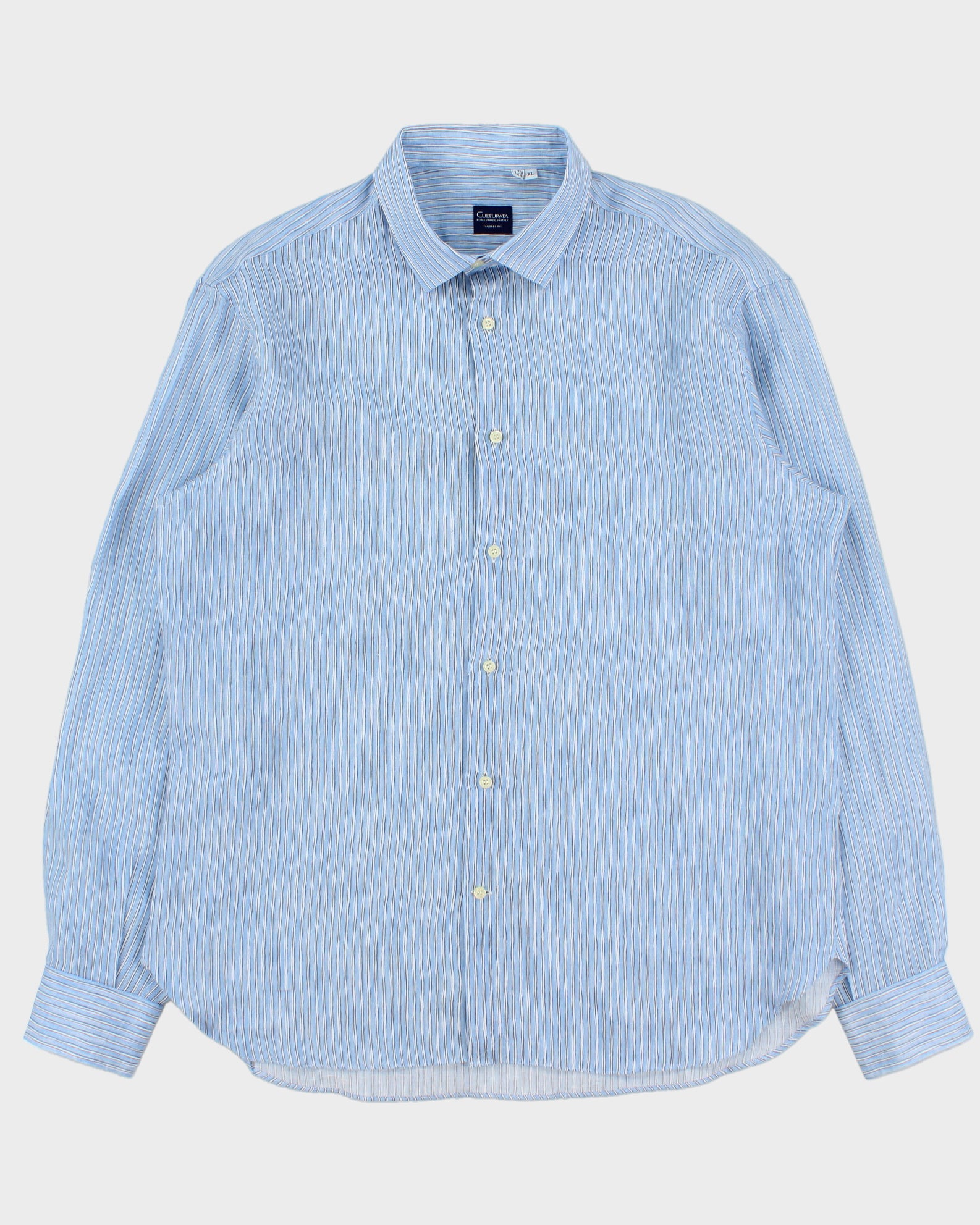 Vintage Culturata Sky Blue Sketch Striped Linen Relaxed Fit Long Sleeve Shirt - XL