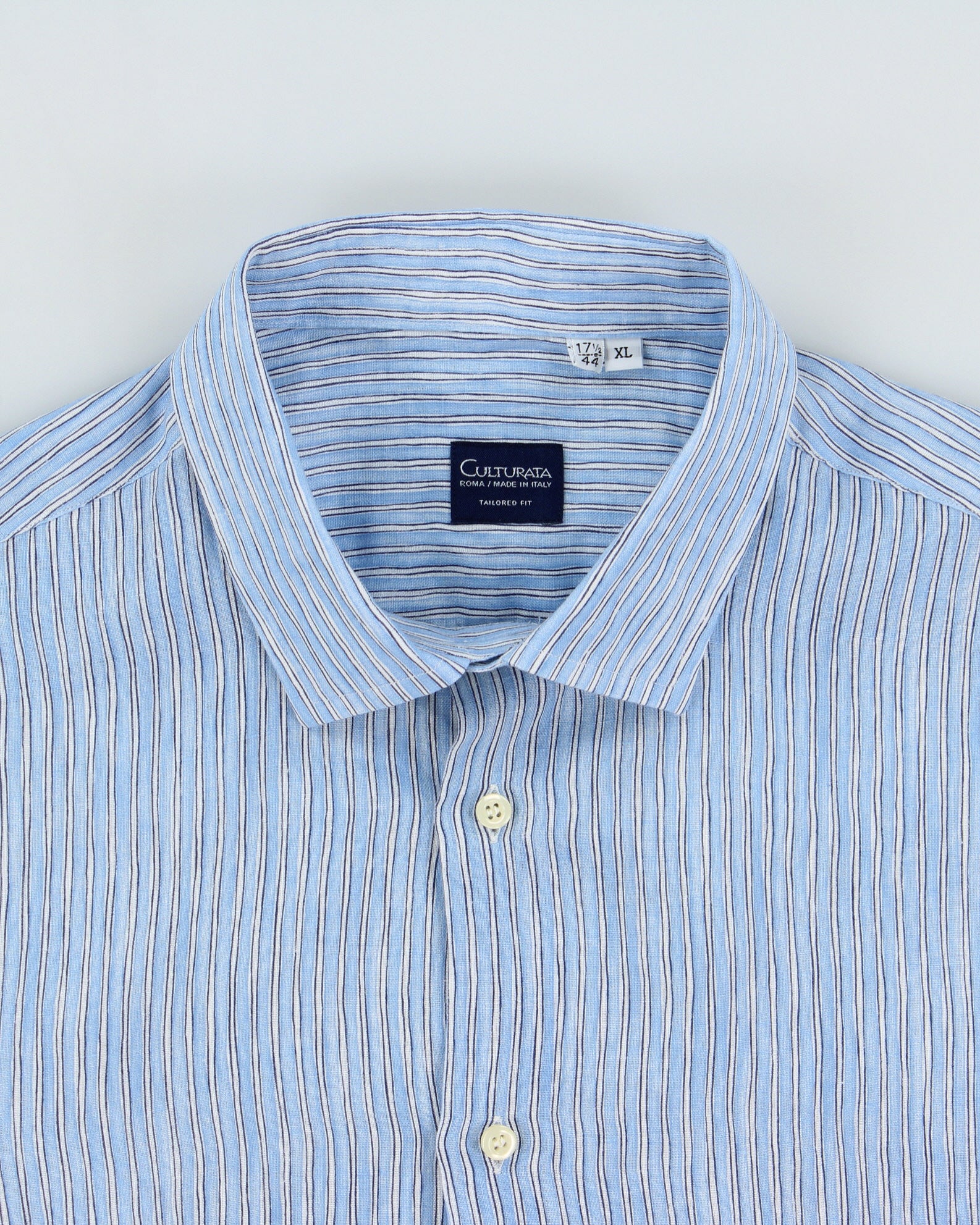 Vintage Culturata Sky Blue Sketch Striped Linen Relaxed Fit Long Sleeve Shirt - XL