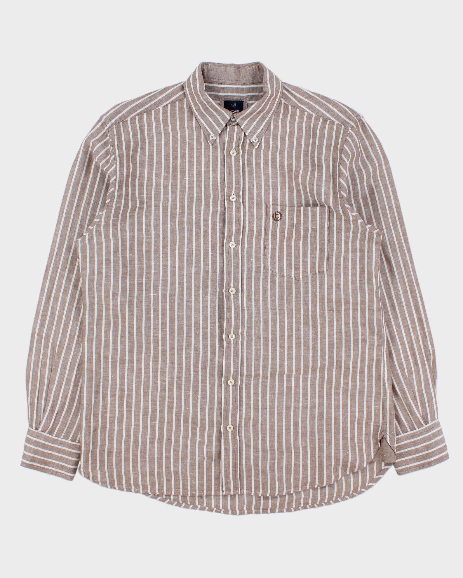 Vintage Bugatti Cafe Brown Striped Linen Relaxed Fit Long Sleeve Shirt - M