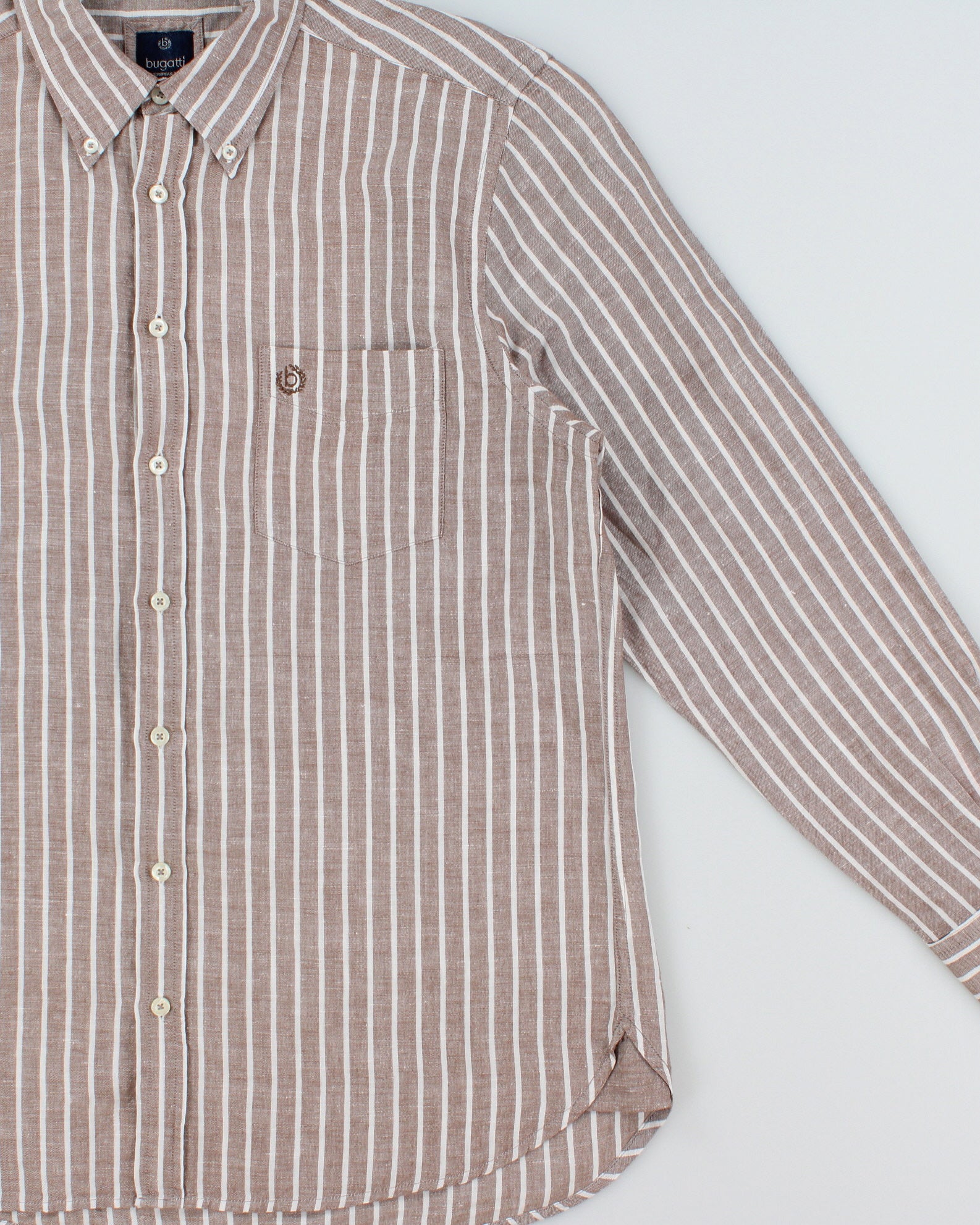 Vintage Bugatti Cafe Brown Striped Linen Relaxed Fit Long Sleeve Shirt - M