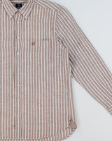 Vintage Bugatti Cafe Brown Striped Linen Relaxed Fit Long Sleeve Shirt - M