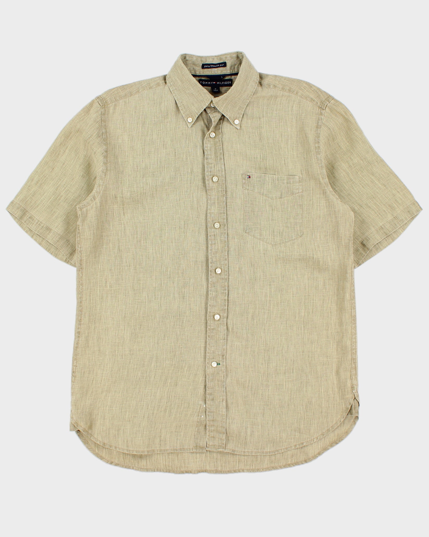 Vintage Y2K 00s Tommy Hilfiger Sage Ocean Wash Linen Regular Fit Short Sleeve Pocket Shirt - M