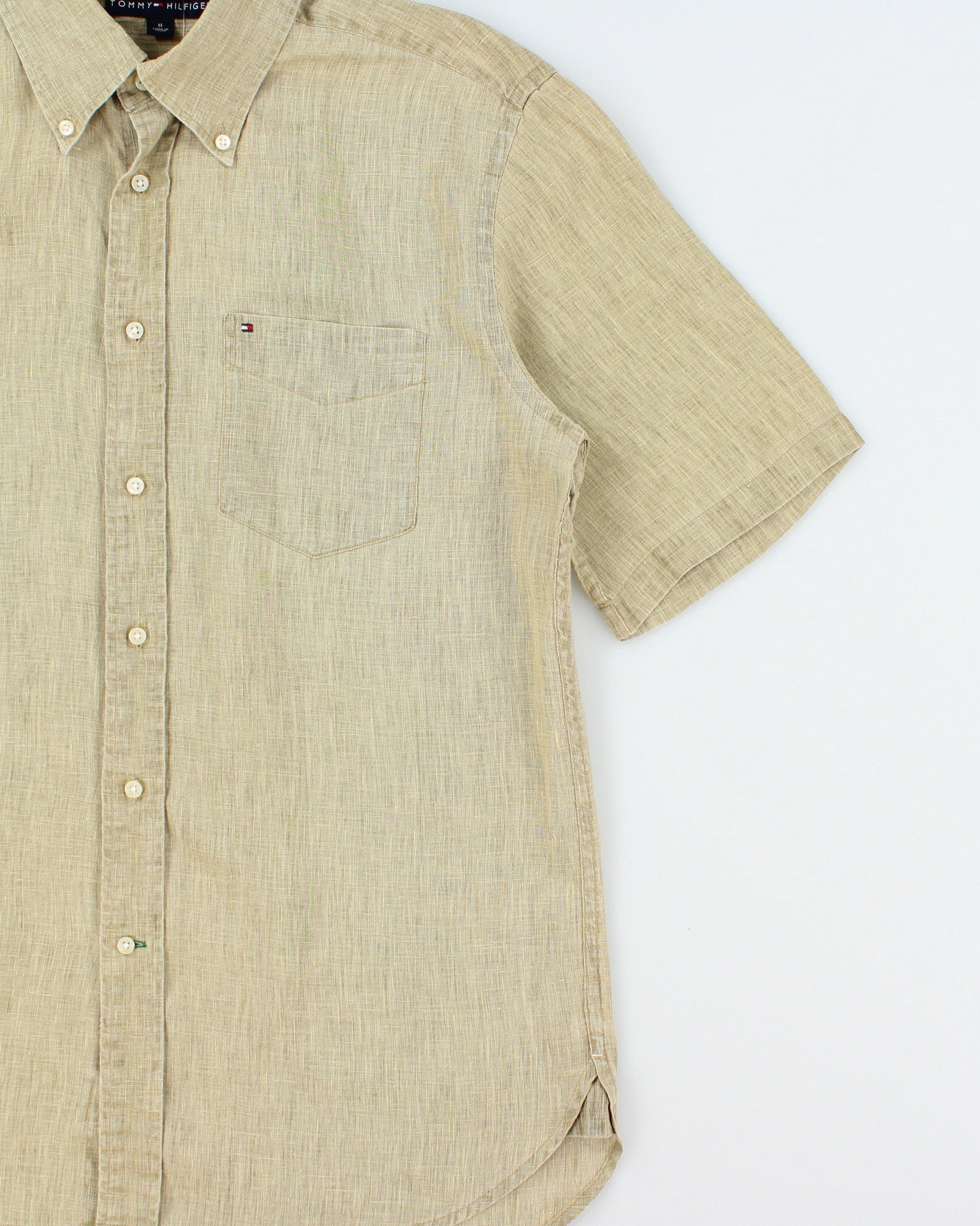 Vintage Y2K 00s Tommy Hilfiger Sage Ocean Wash Linen Regular Fit Short Sleeve Pocket Shirt - M