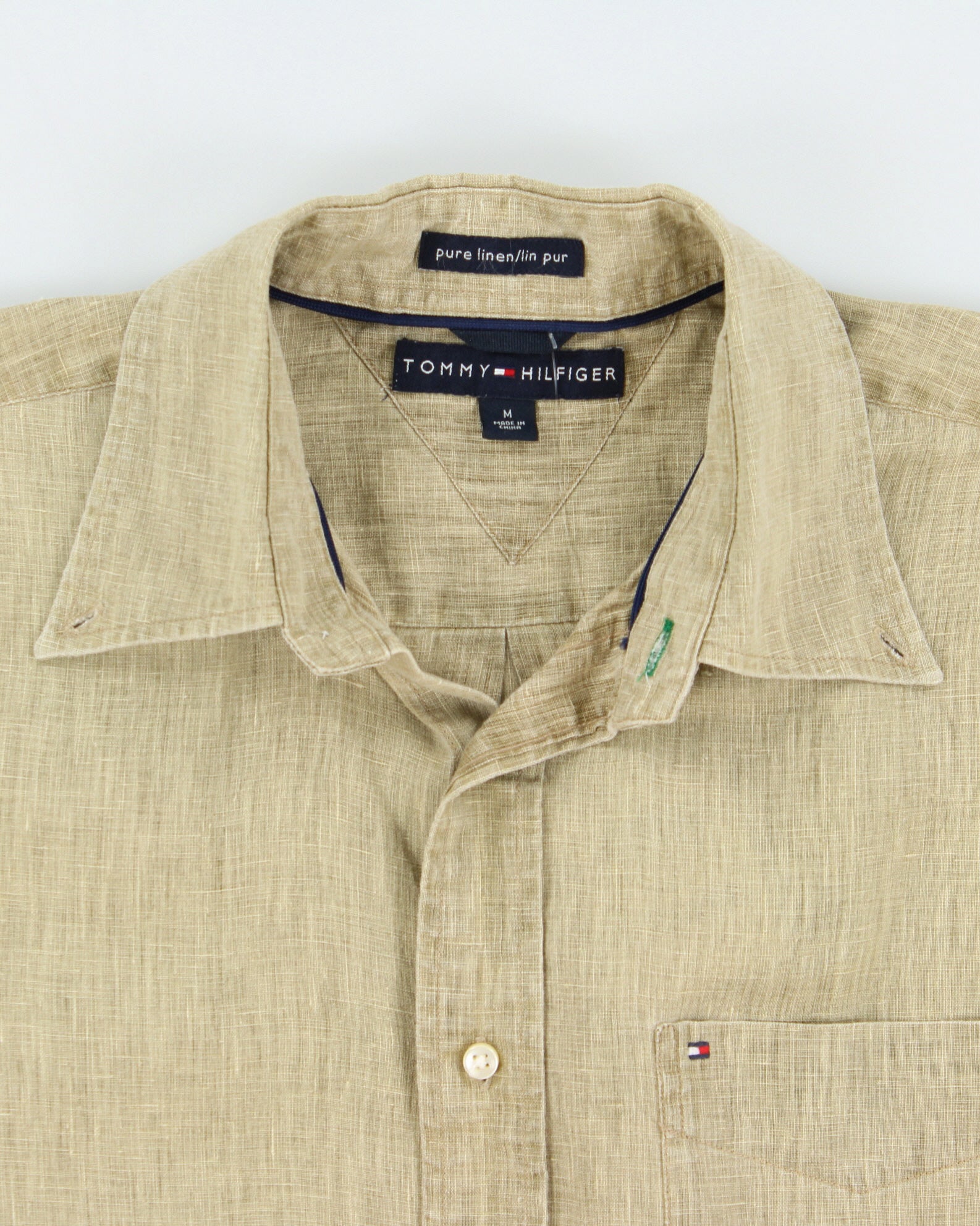 Vintage Y2K 00s Tommy Hilfiger Sage Ocean Wash Linen Regular Fit Short Sleeve Pocket Shirt - M