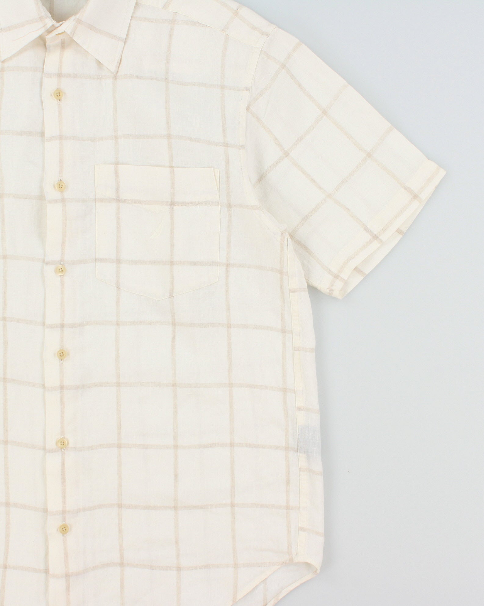 Vintage Y2K 00s Nautica Cream Windowpane Check Ocean Wash Linen Relaxed Fit Short Sleeve Shirt - S