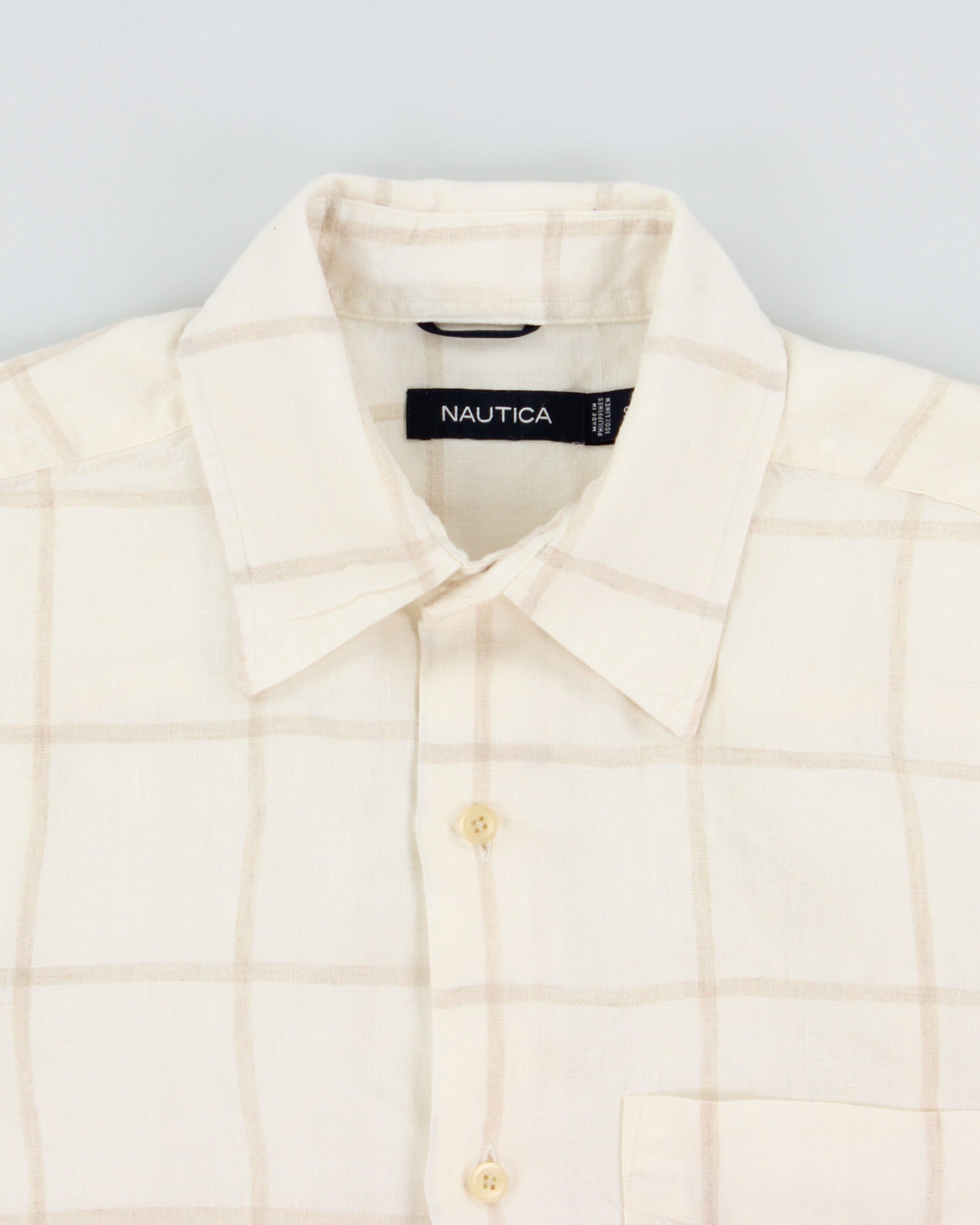 Vintage Y2K 00s Nautica Cream Windowpane Check Ocean Wash Linen Relaxed Fit Short Sleeve Shirt - S