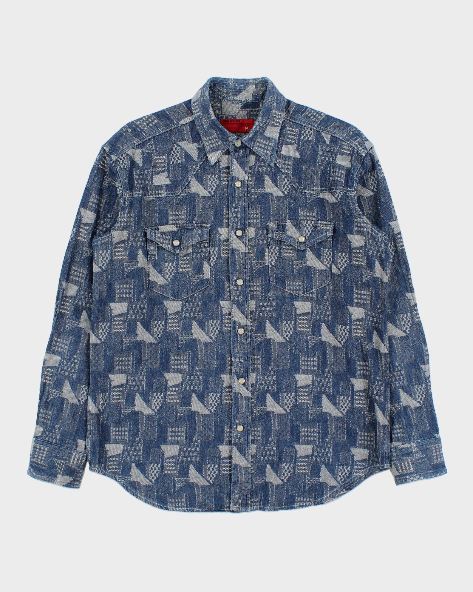 Vintage Y2K 00s Dog House Japan Patch Denim Pearl Snap Button Long Sleeve Western Shirt - M