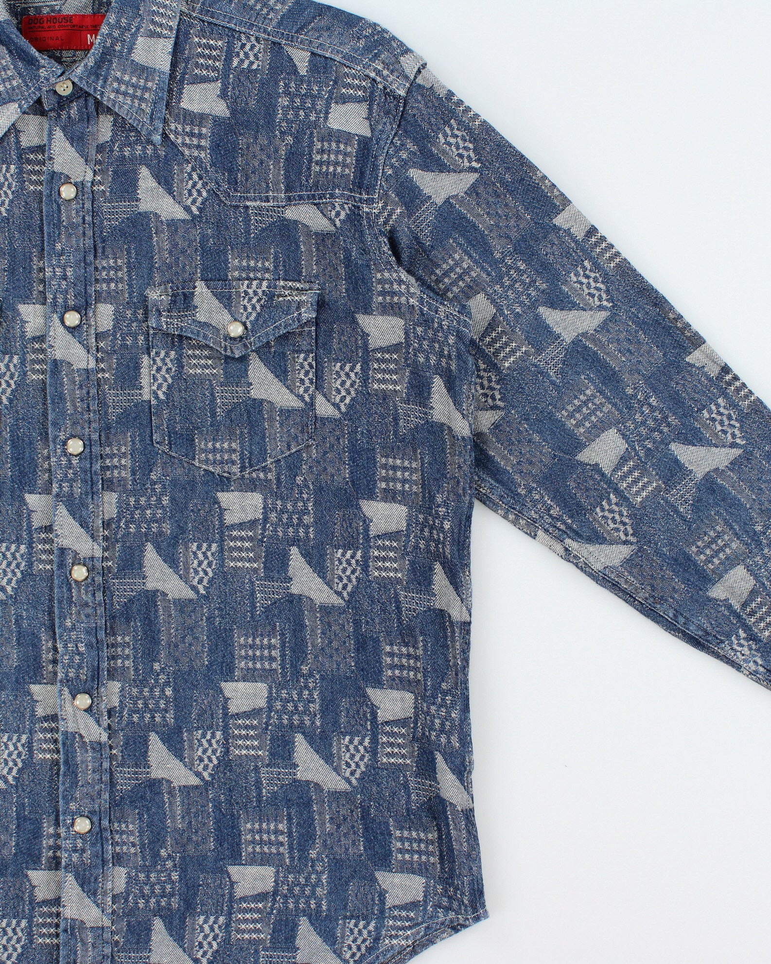 Vintage Y2K 00s Dog House Japan Patch Denim Pearl Snap Button Long Sleeve Western Shirt - M