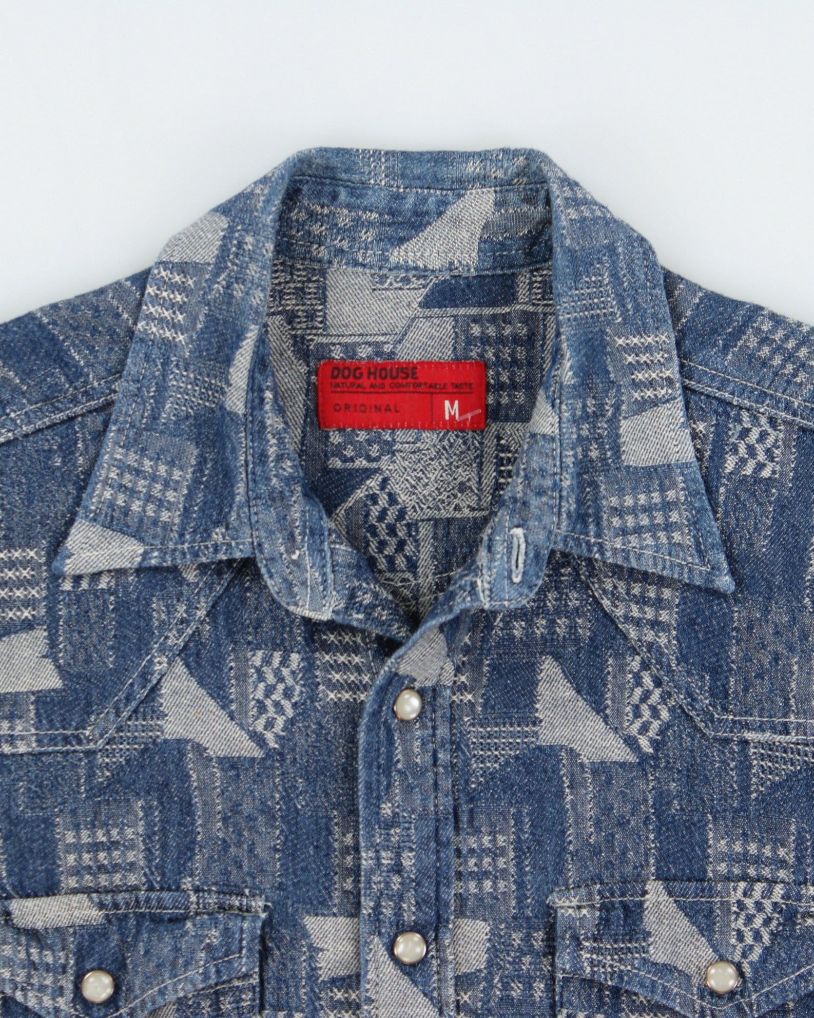 Vintage Y2K 00s Dog House Japan Patch Denim Pearl Snap Button Long Sleeve Western Shirt - M