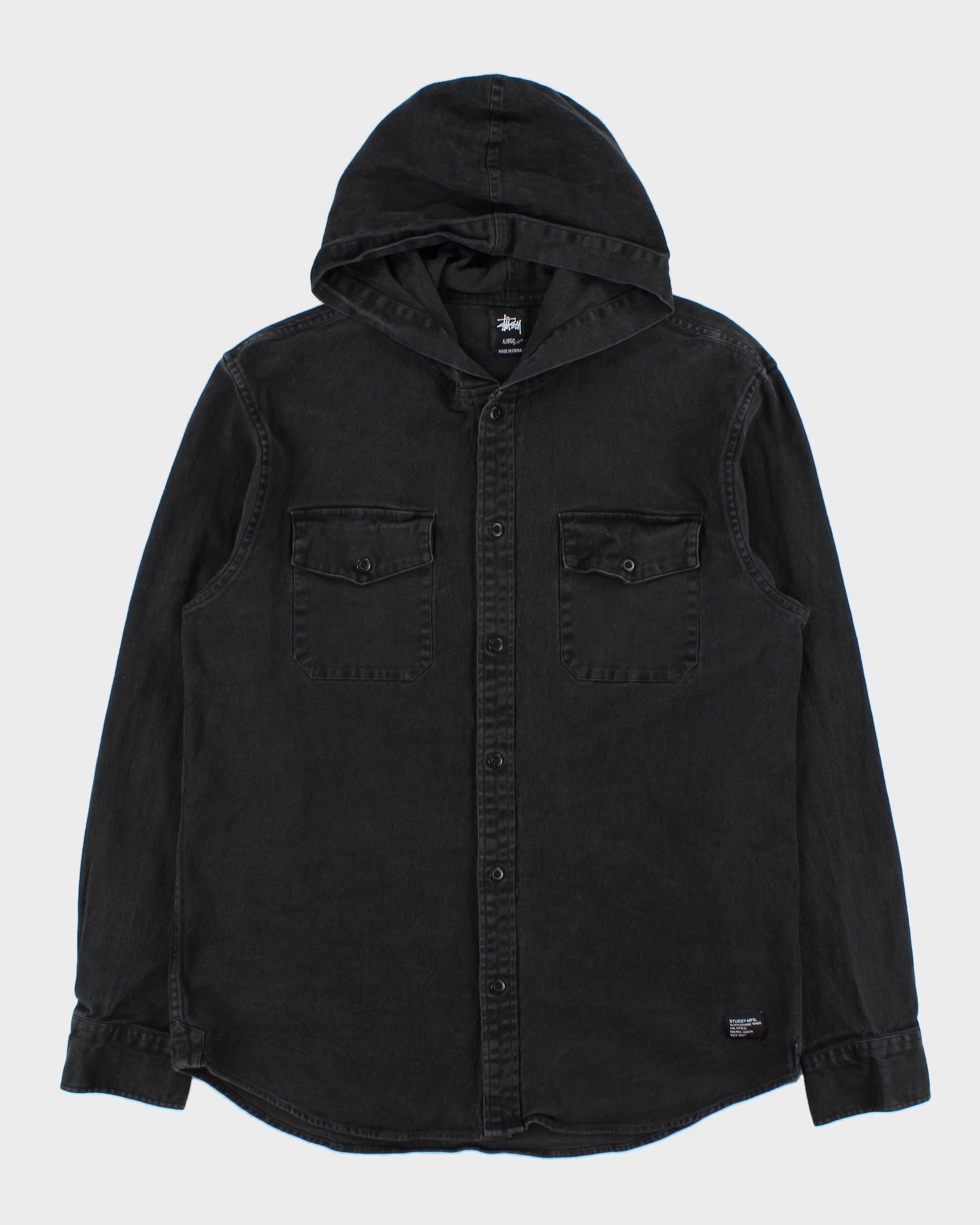 Vintage Stussy Black Denim Snap Button Long Sleeve Hooded Over Shirt - XL