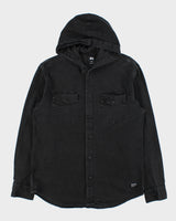 Vintage Stussy Black Denim Snap Button Long Sleeve Hooded Over Shirt - XL