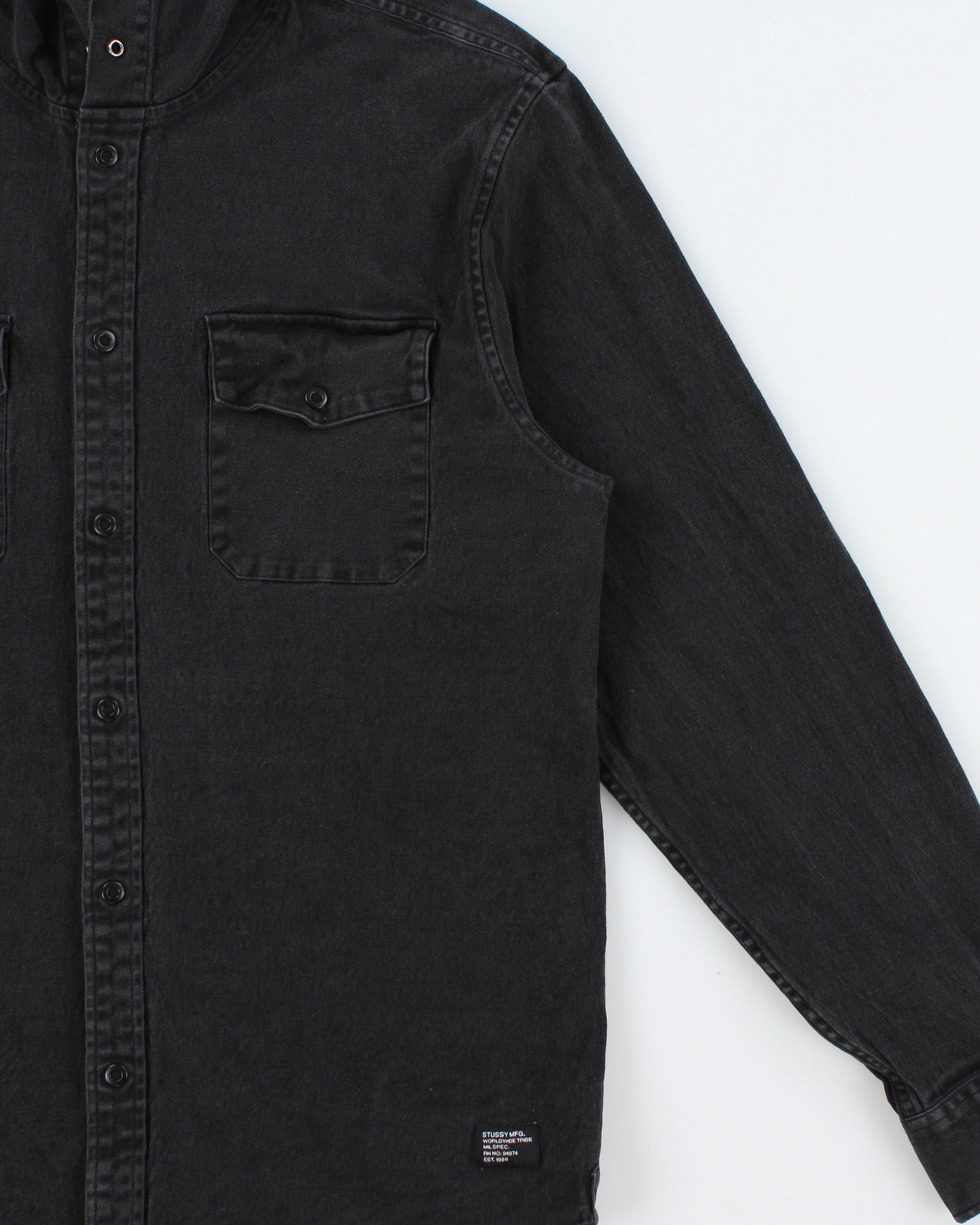 Vintage Stussy Black Denim Snap Button Long Sleeve Hooded Over Shirt - XL