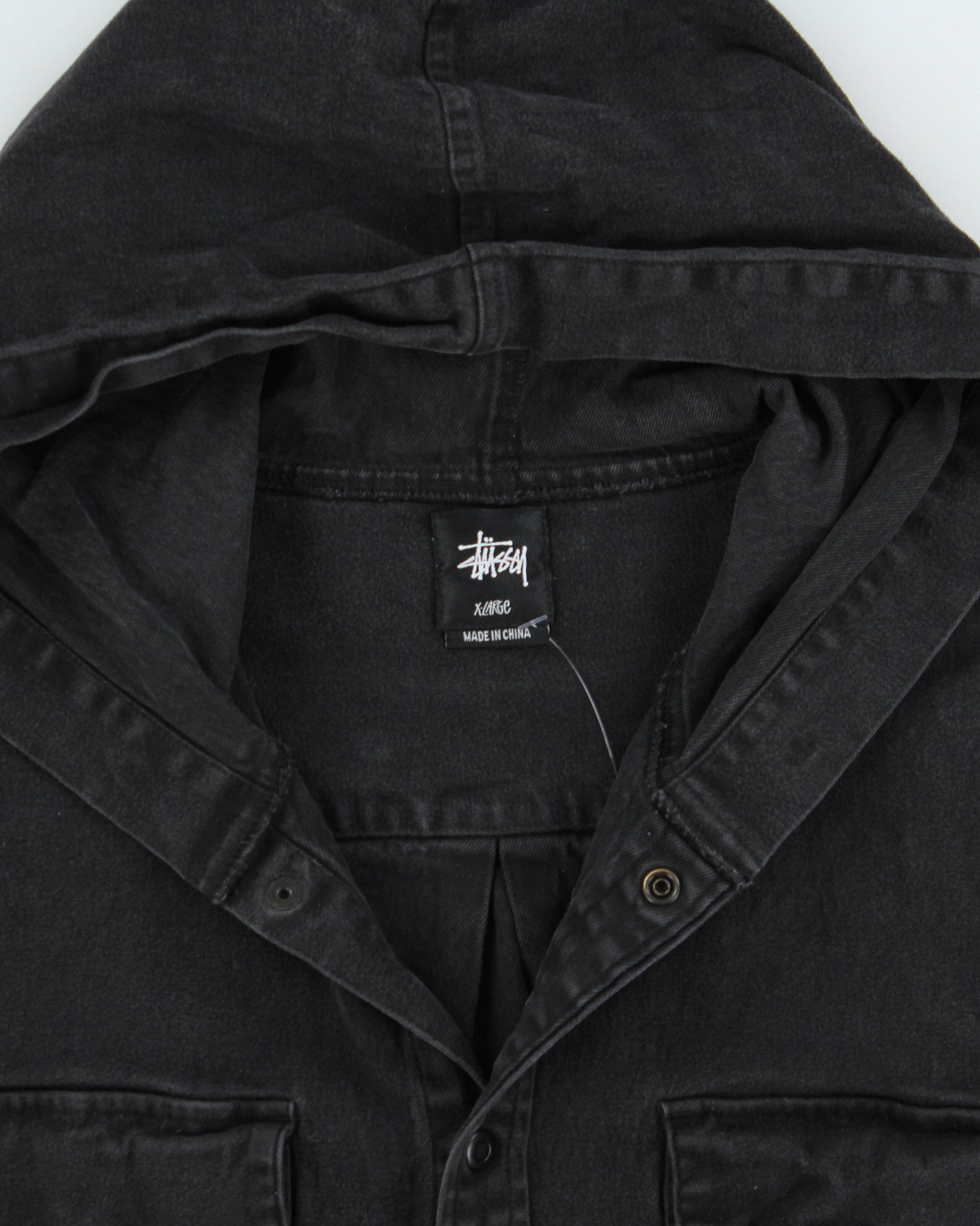 Vintage Stussy Black Denim Snap Button Long Sleeve Hooded Over Shirt - XL