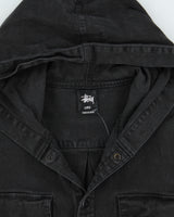 Vintage Stussy Black Denim Snap Button Long Sleeve Hooded Over Shirt - XL