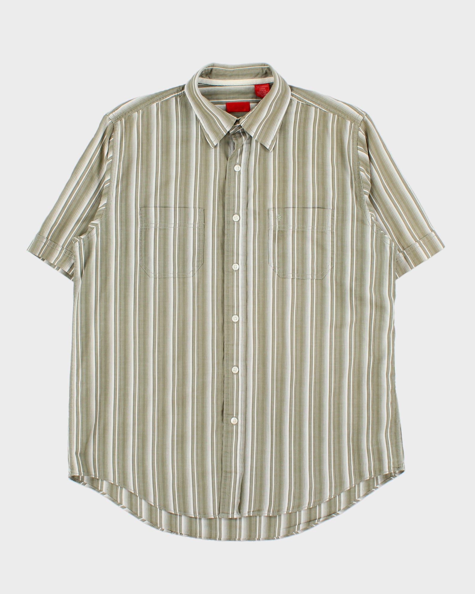 Vintage Y2K 00s IZOD Khaki Texture Striped Relaxed Fit Short Sleeve Pocket Shirt - M