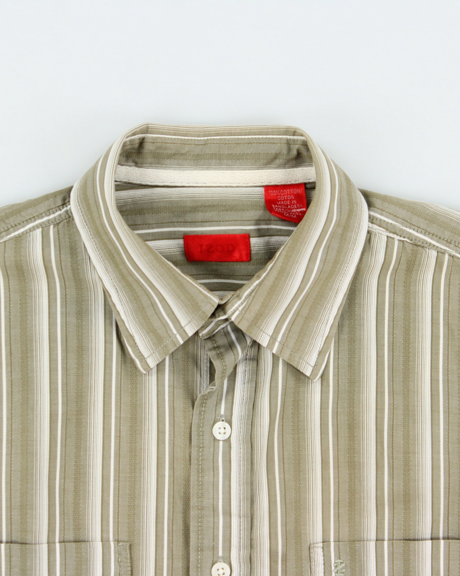 Vintage Y2K 00s IZOD Khaki Texture Striped Relaxed Fit Short Sleeve Pocket Shirt - M